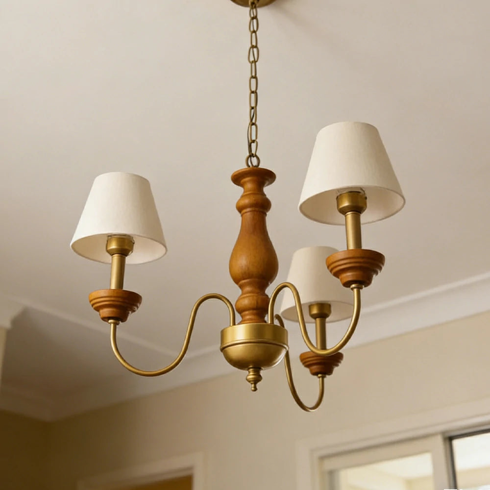 LIVARA Vintage Chandelier 3-Light Fabric Shade E27 Bulb Rubber Wood Frame Elegant Design for Dining Room Living Room Bedroom