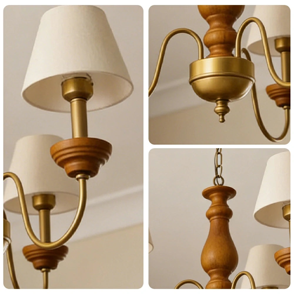 LIVARA Vintage Chandelier 3-Light Fabric Shade E27 Bulb Rubber Wood Frame Elegant Design for Dining Room Living Room Bedroom