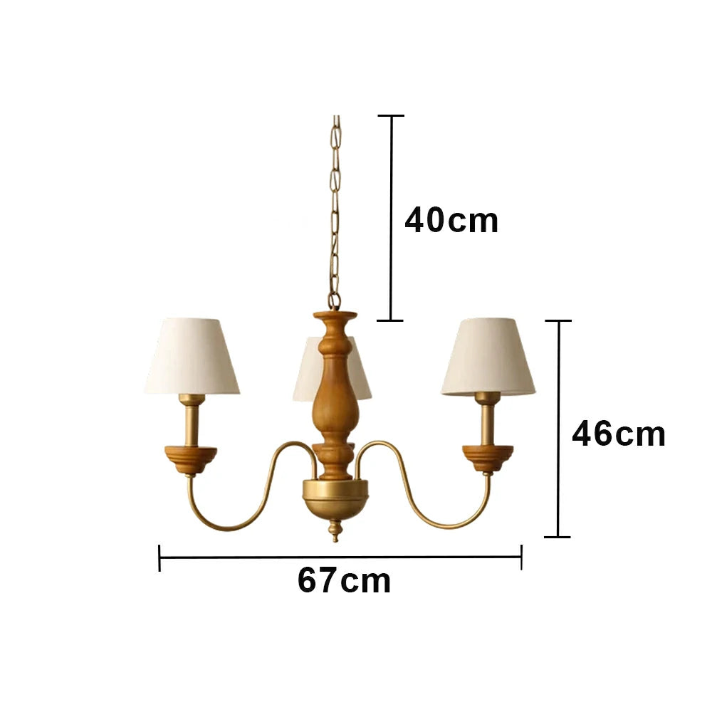 LIVARA Vintage Chandelier 3-Light Fabric Shade E27 Bulb Rubber Wood Frame Elegant Design for Dining Room Living Room Bedroom