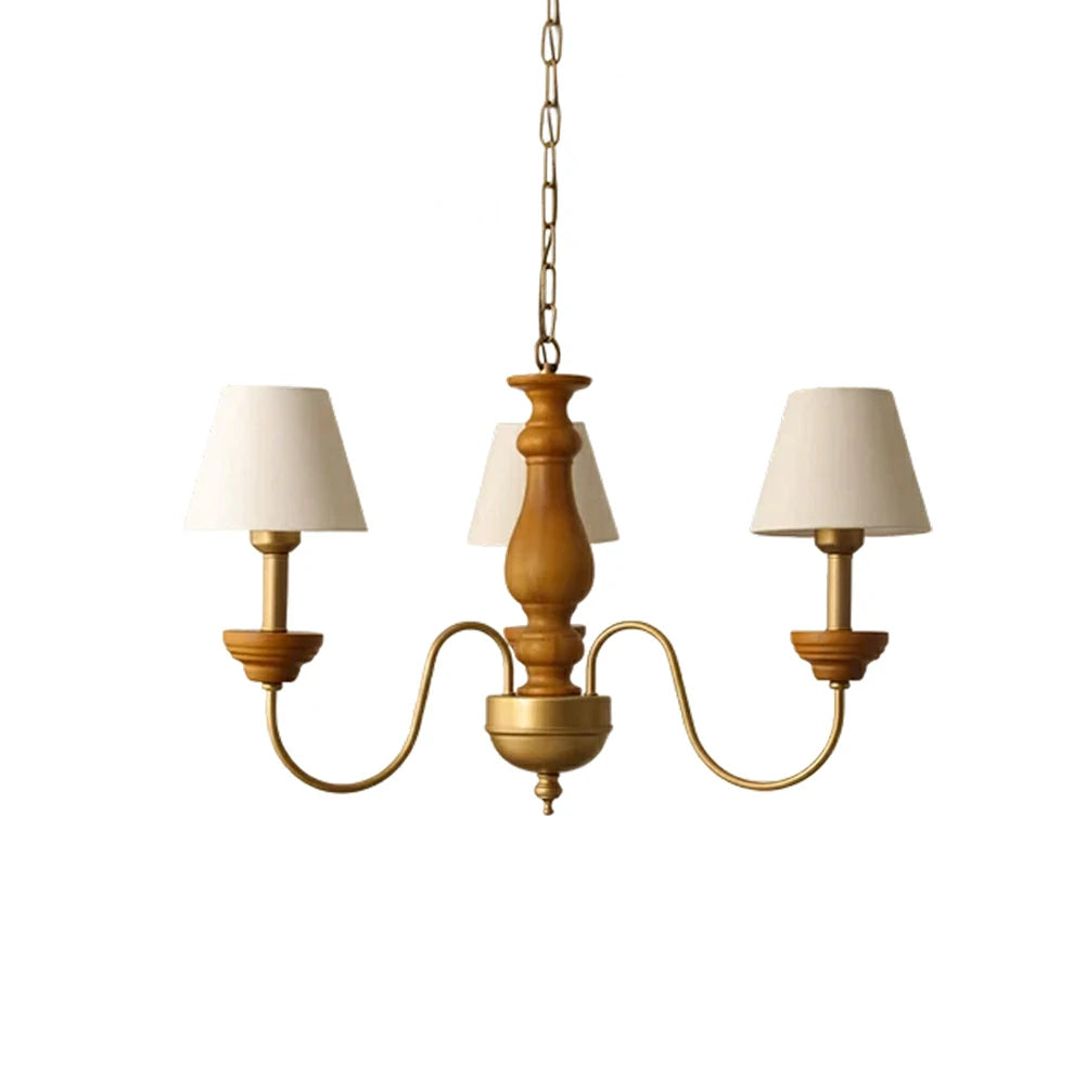 LIVARA Vintage Chandelier 3-Light Fabric Shade E27 Bulb Rubber Wood Frame Elegant Design for Dining Room Living Room Bedroom