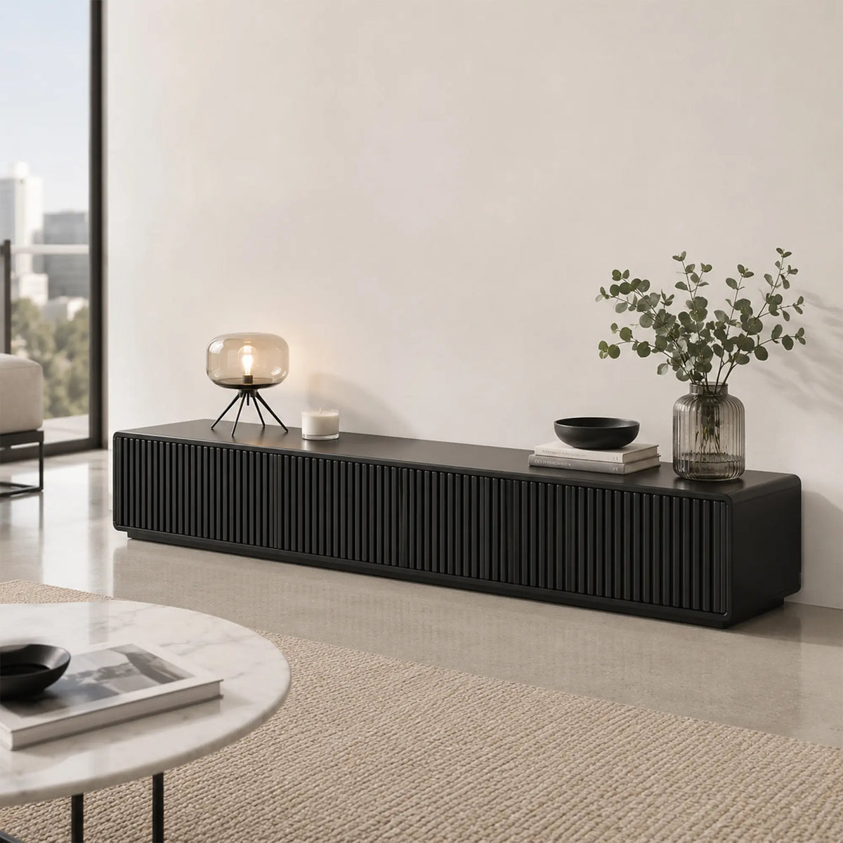 LUXORA Modern Fluted TV Cabinet - 180/200cm Low-Profile Entertainment Unit with Vertical Grooved Doors & Concealed Storage - Black