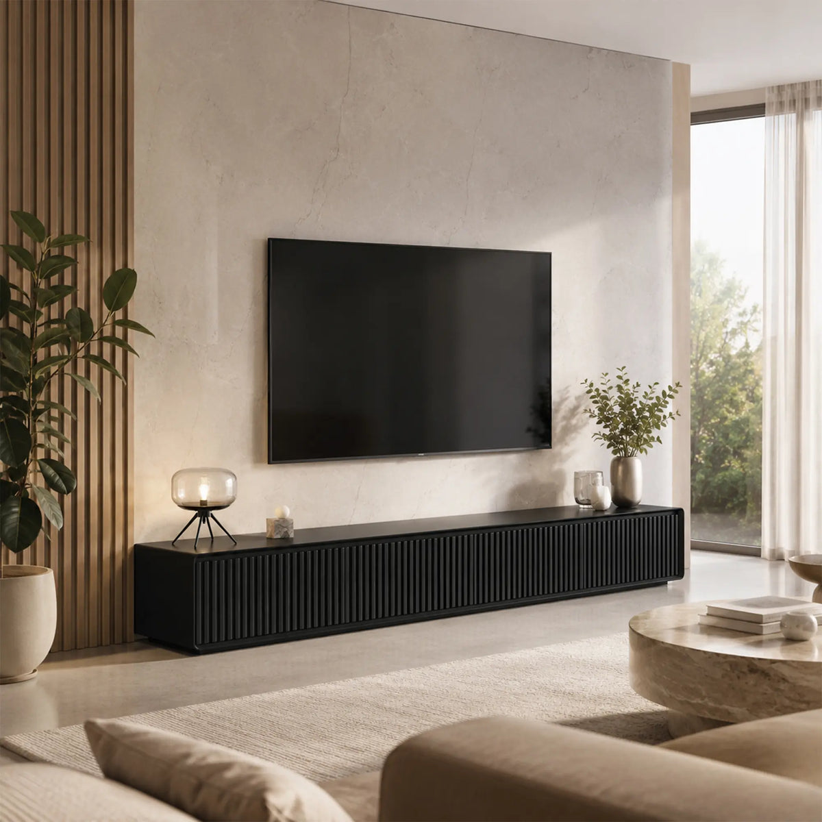 LUXORA Modern Fluted TV Cabinet - 180/200cm Low-Profile Entertainment Unit with Vertical Grooved Doors & Concealed Storage - Black