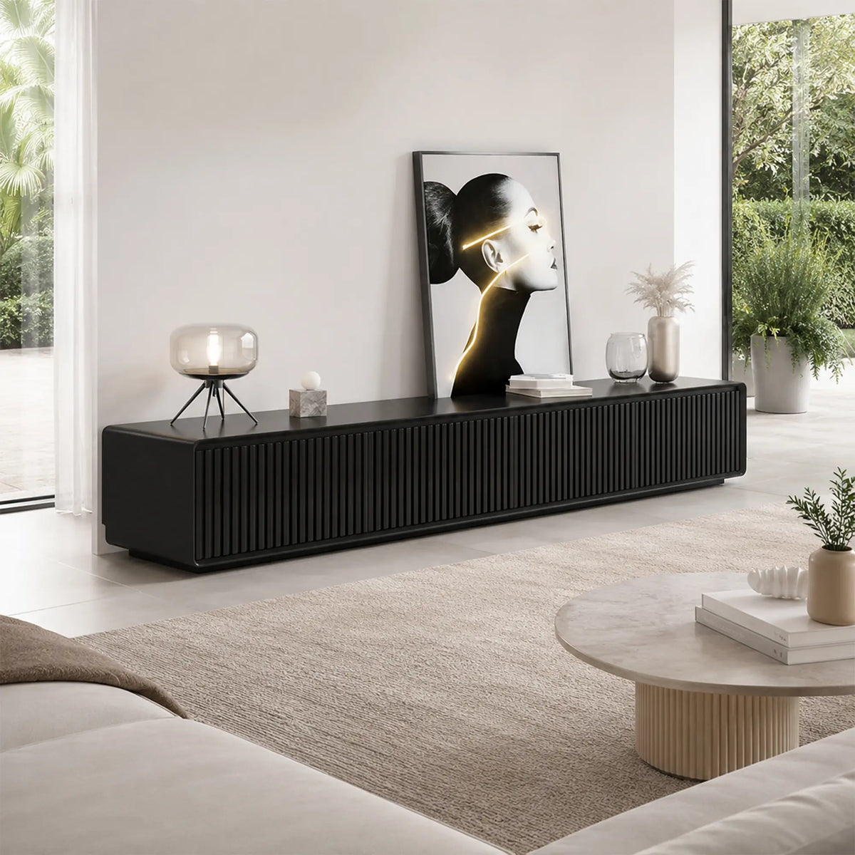 LUXORA Modern Fluted TV Cabinet - 180/200cm Low-Profile Entertainment Unit with Vertical Grooved Doors & Concealed Storage - Black