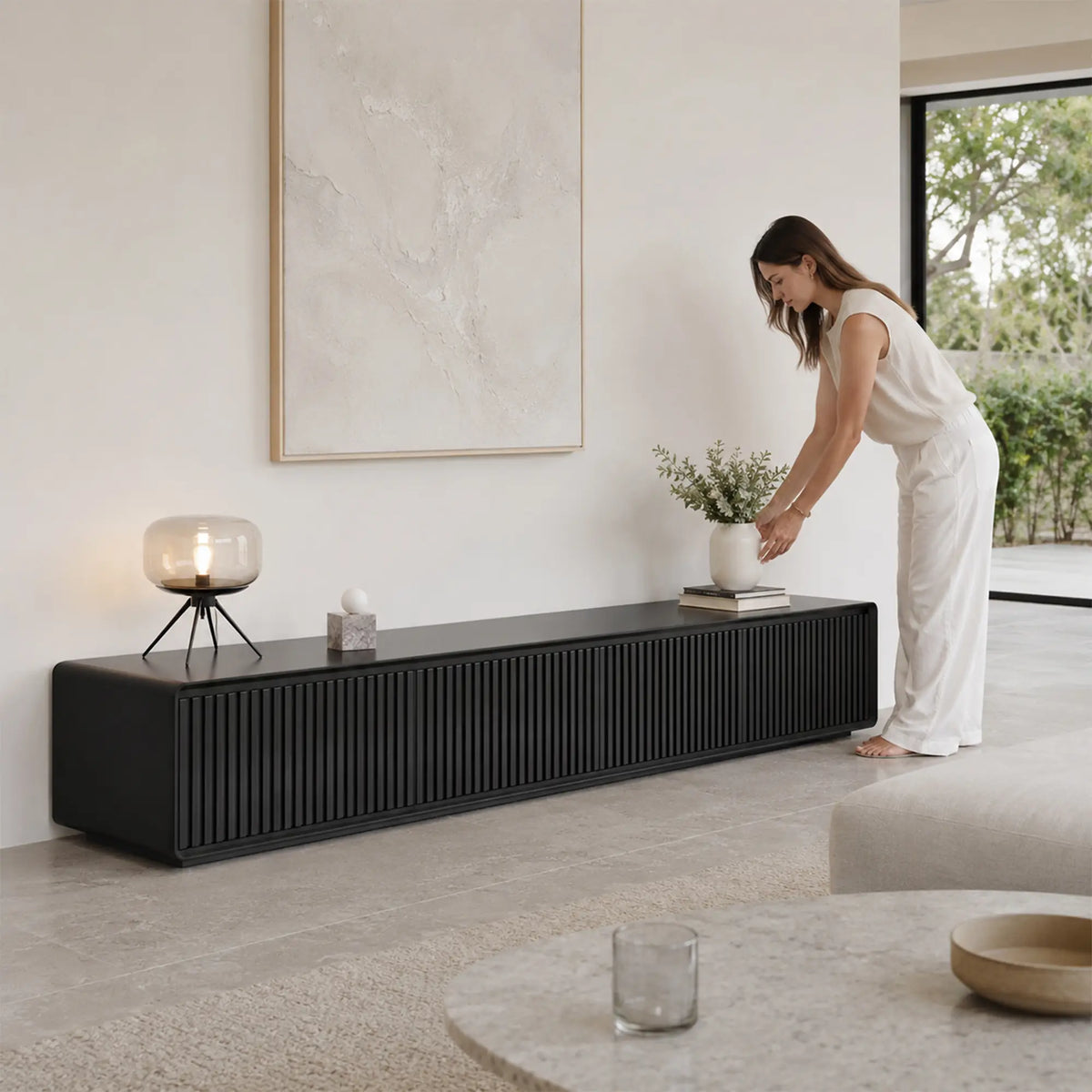 LUXORA Modern Fluted TV Cabinet - 180/200cm Low-Profile Entertainment Unit with Vertical Grooved Doors & Concealed Storage - Black