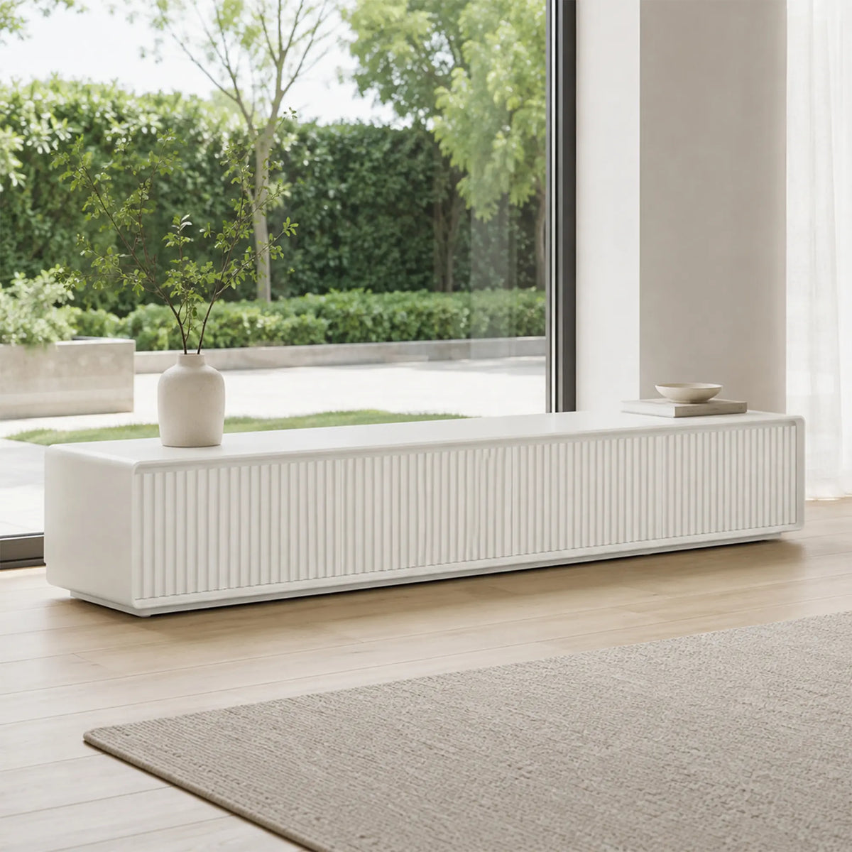 LUXORA Modern Fluted TV Cabinet - 180/200cm Low-Profile Entertainment Unit with Vertical Grooved Doors & Concealed Storage - White