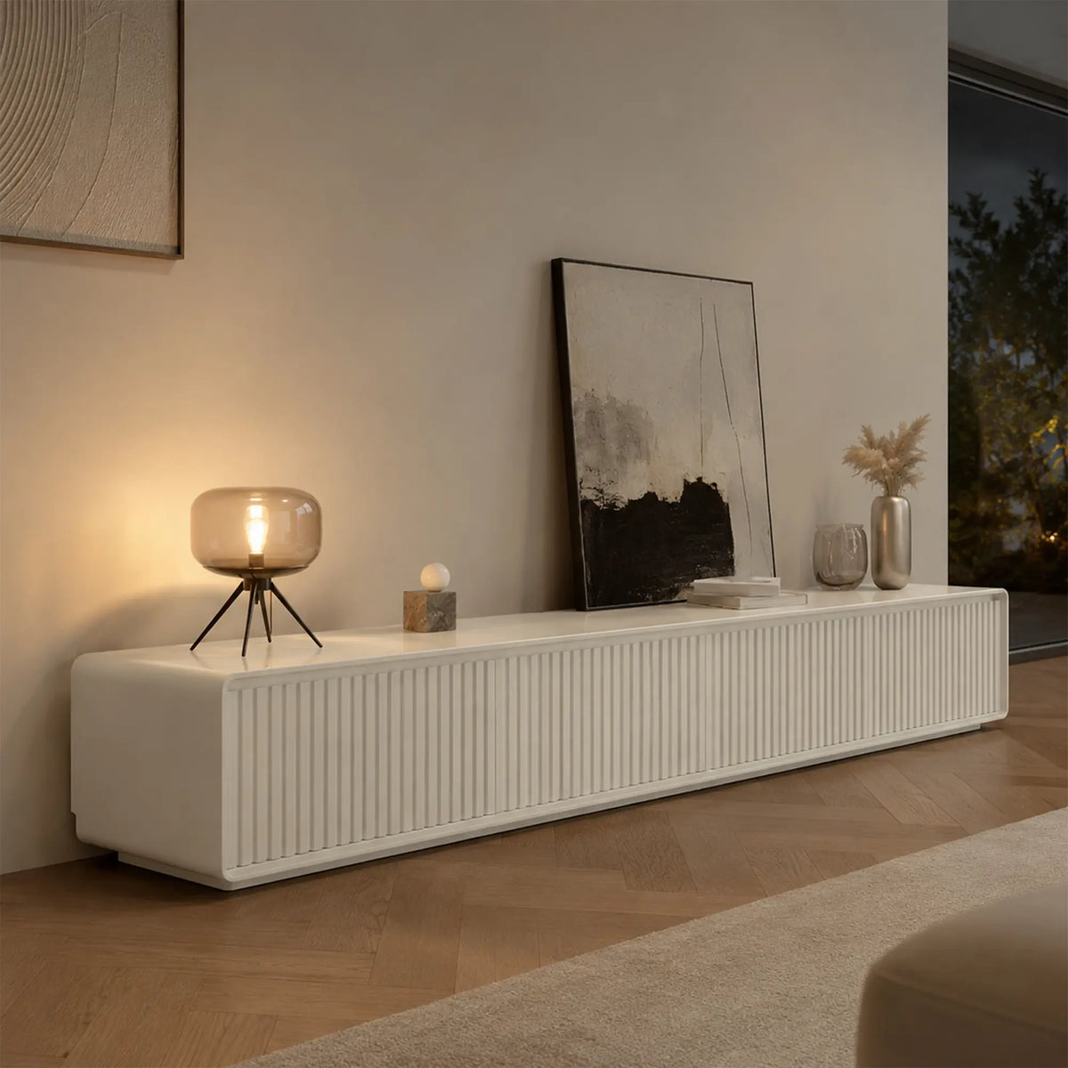 LUXORA Modern Fluted TV Cabinet - 180/200cm Low-Profile Entertainment Unit with Vertical Grooved Doors & Concealed Storage - White