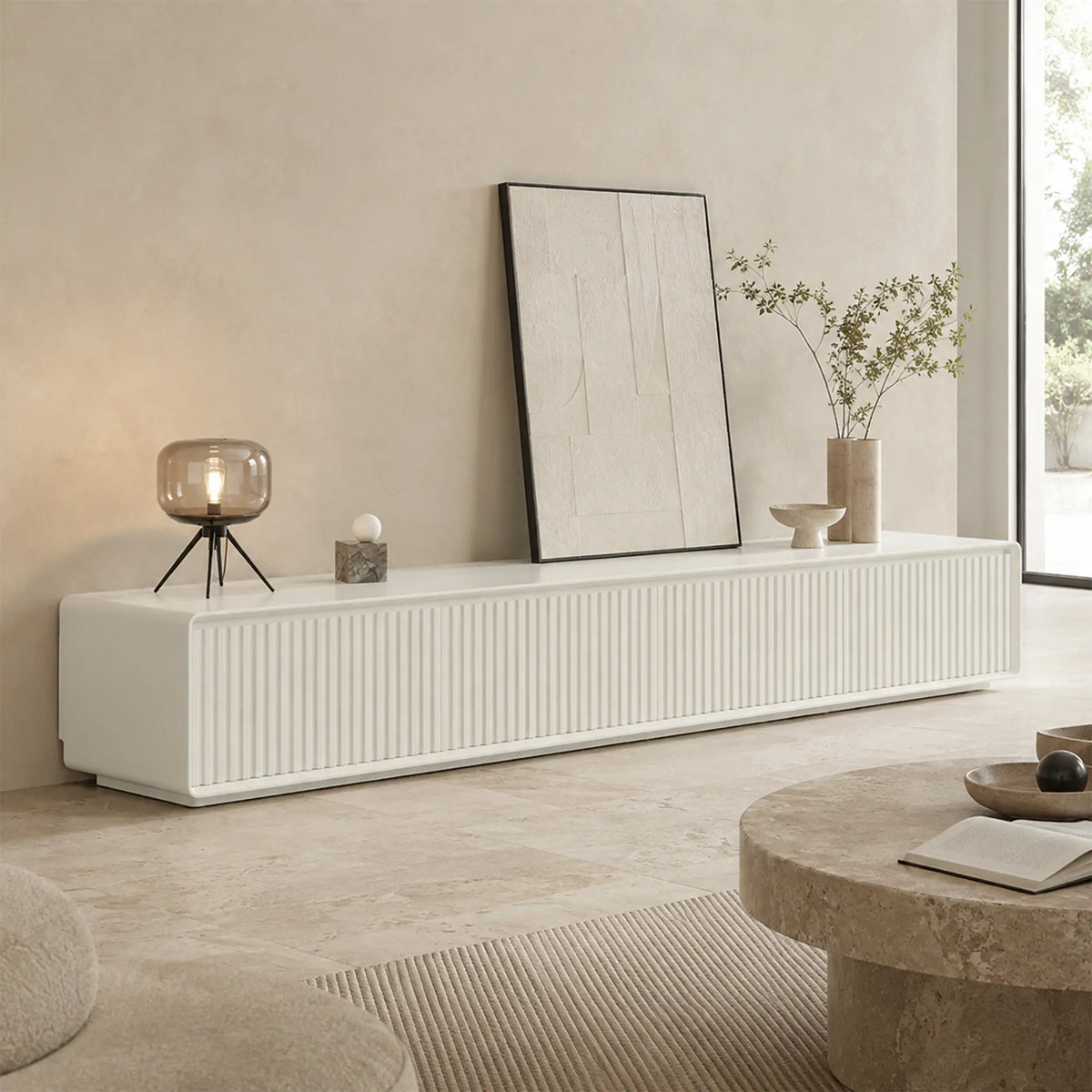 LUXORA Modern Fluted TV Cabinet - 180/200cm Low-Profile Entertainment Unit with Vertical Grooved Doors & Concealed Storage - White