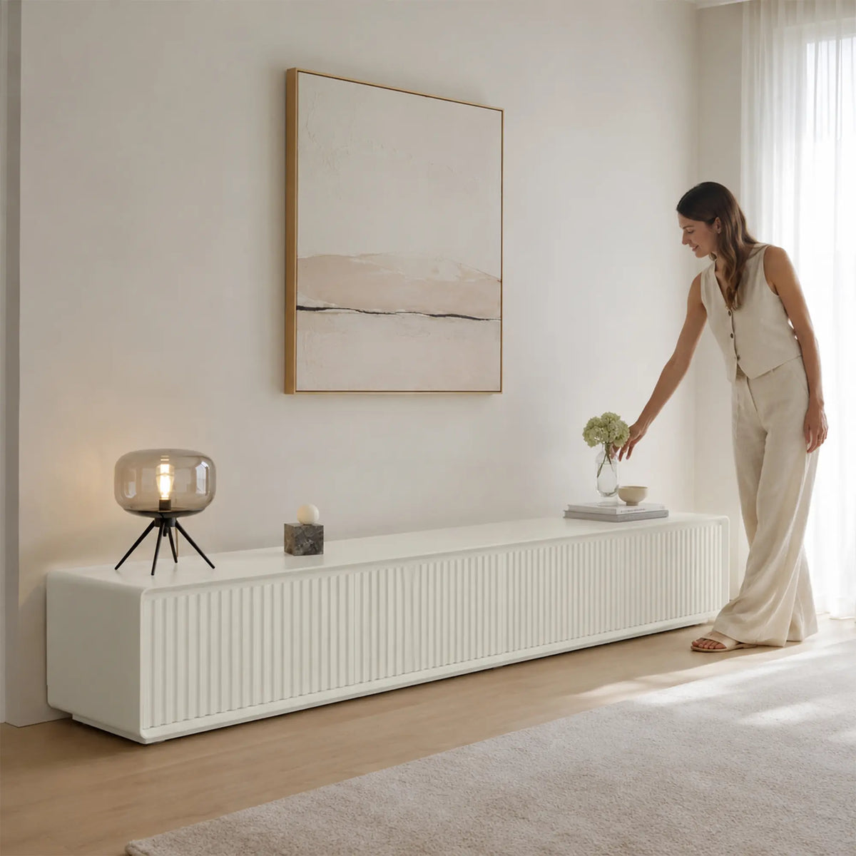 LUXORA Modern Fluted TV Cabinet - 180/200cm Low-Profile Entertainment Unit with Vertical Grooved Doors & Concealed Storage - White