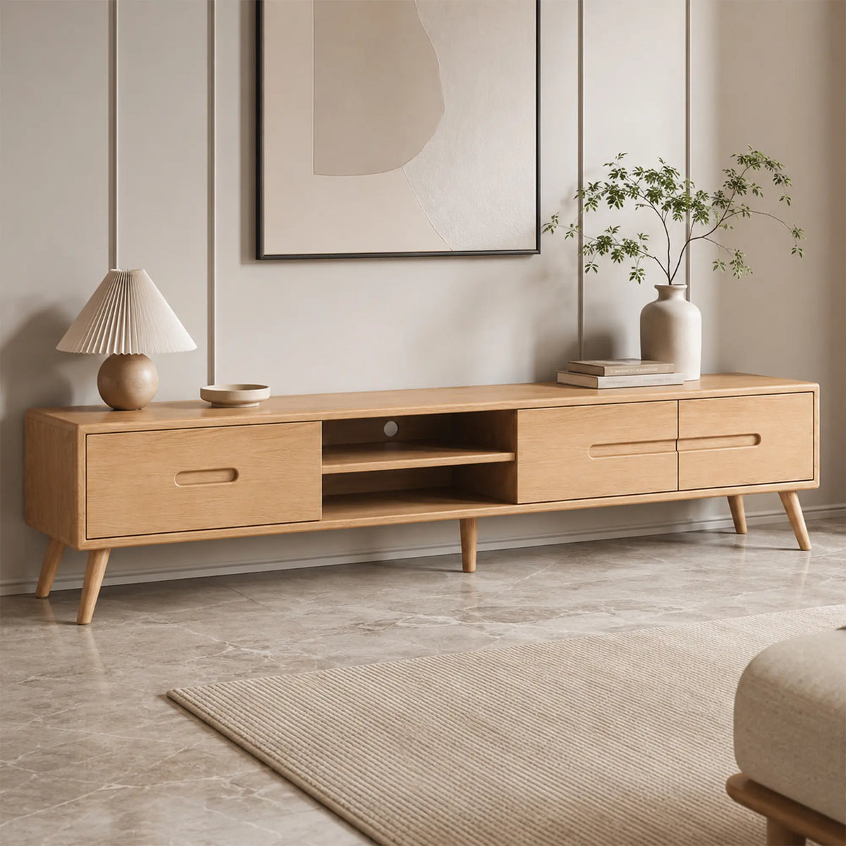 LUXORA Solid Oak TV Cabinet - 180/200cm Modern Entertainment Unit with Dual Drawers, Open Shelves & Solid Wood Legs - Natural Oak