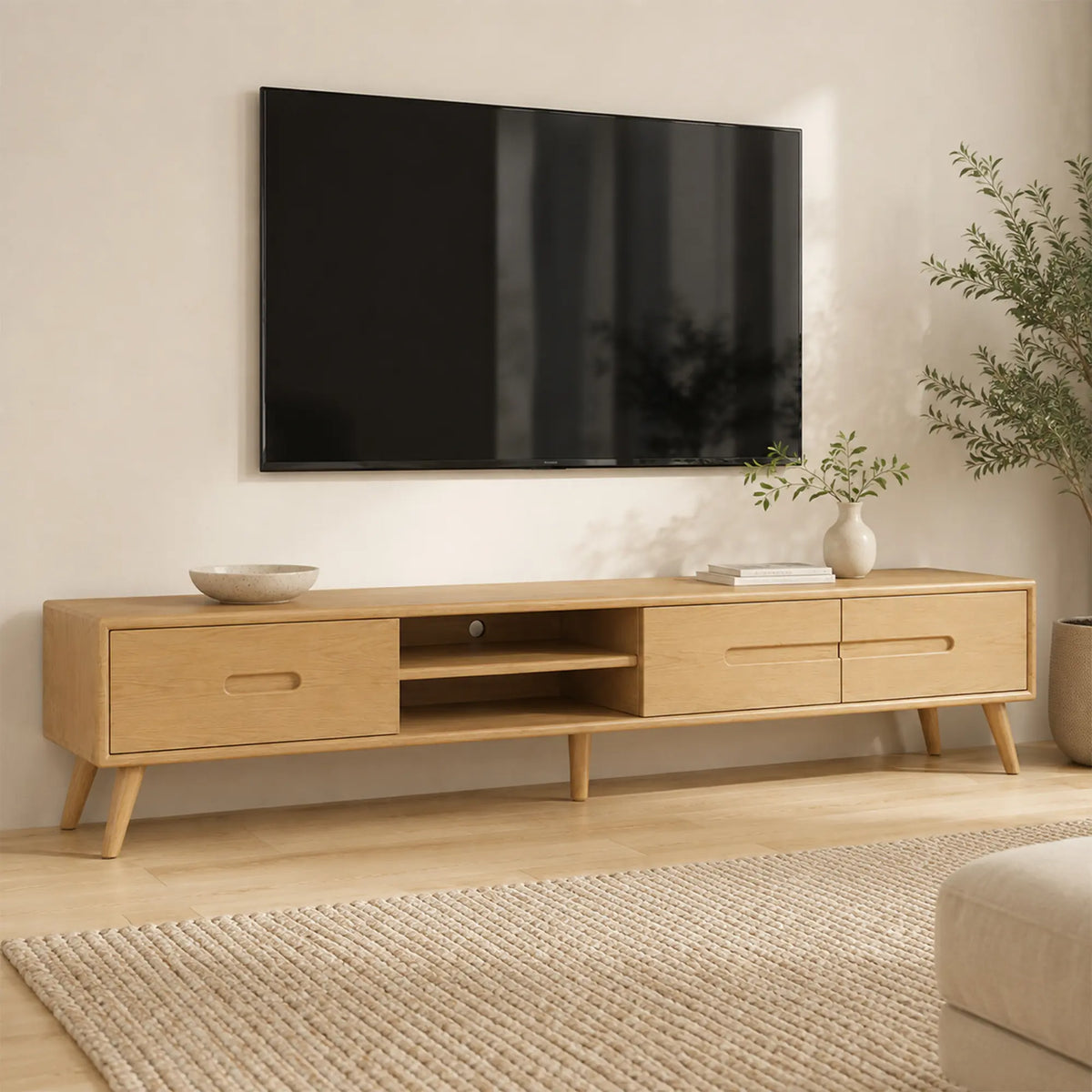 LUXORA Solid Oak TV Cabinet - 180/200cm Modern Entertainment Unit with Dual Drawers, Open Shelves & Solid Wood Legs - Natural Oak