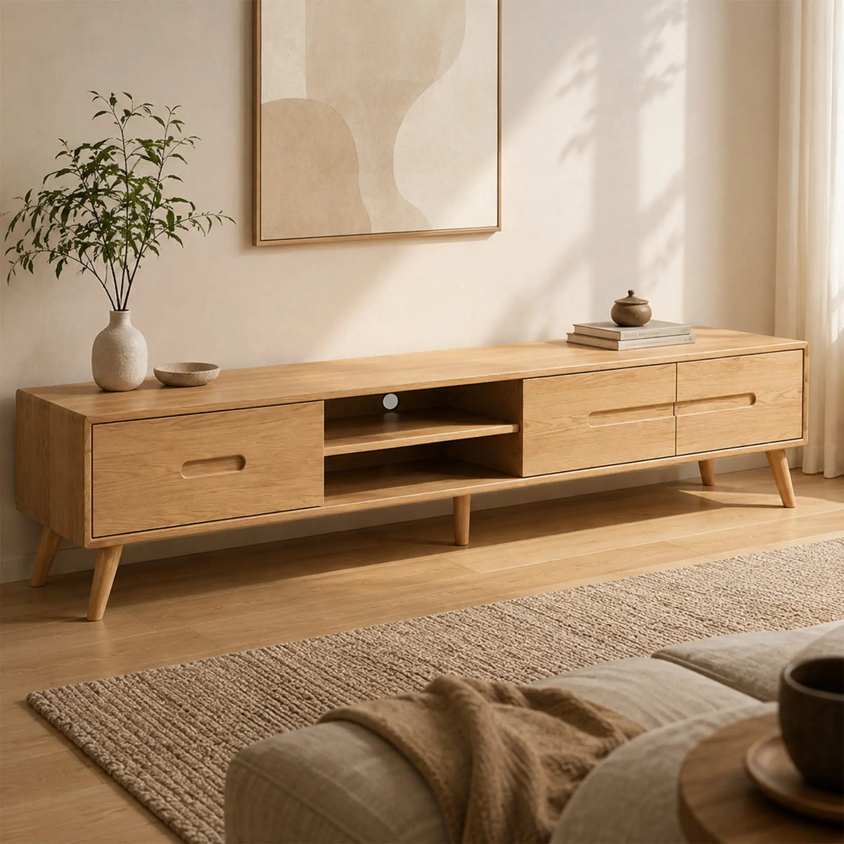 LUXORA Solid Oak TV Cabinet - 180/200cm Modern Entertainment Unit with Dual Drawers, Open Shelves & Solid Wood Legs - Natural Oak