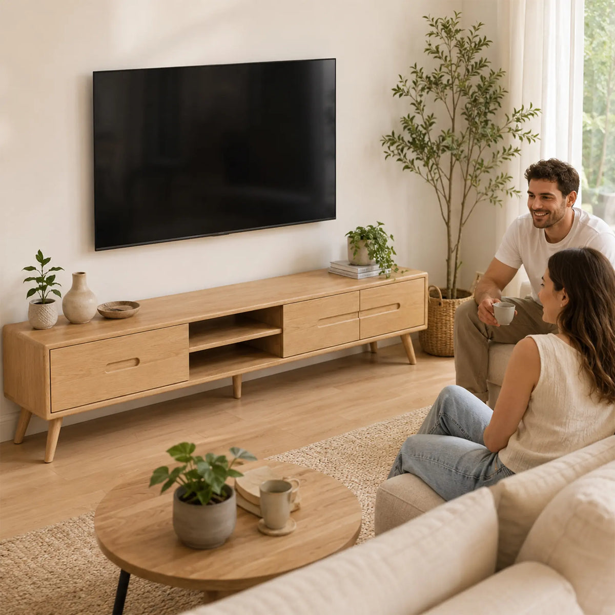 LUXORA Solid Oak TV Cabinet - 180/200cm Modern Entertainment Unit with Dual Drawers, Open Shelves & Solid Wood Legs - Natural Oak