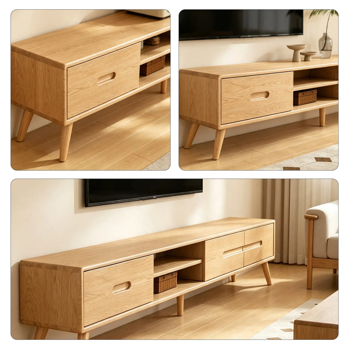 LUXORA Solid Oak TV Cabinet - 180/200cm Modern Entertainment Unit with Dual Drawers, Open Shelves & Solid Wood Legs - Natural Oak