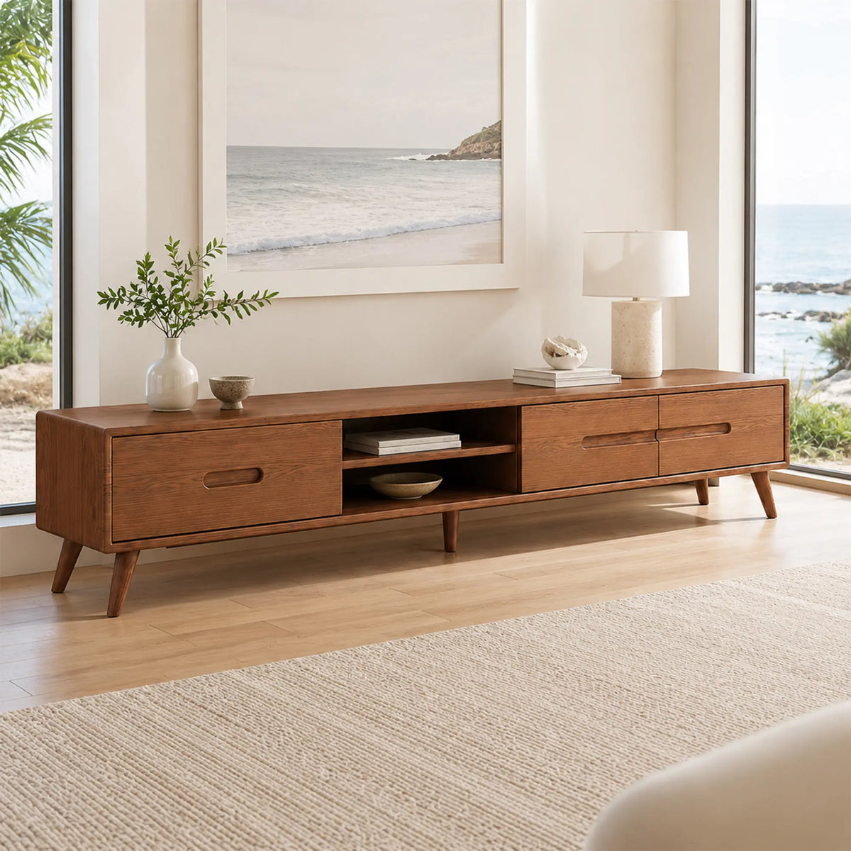 LUXORA Solid Oak TV Cabinet - 180/200cm Modern Entertainment Unit with Dual Drawers, Open Shelves & Solid Wood Legs - Walnut