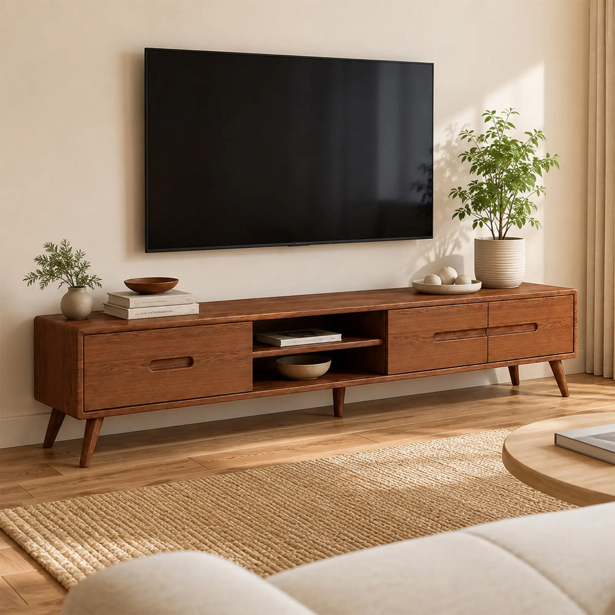 LUXORA Solid Oak TV Cabinet - 180/200cm Modern Entertainment Unit with Dual Drawers, Open Shelves & Solid Wood Legs - Walnut