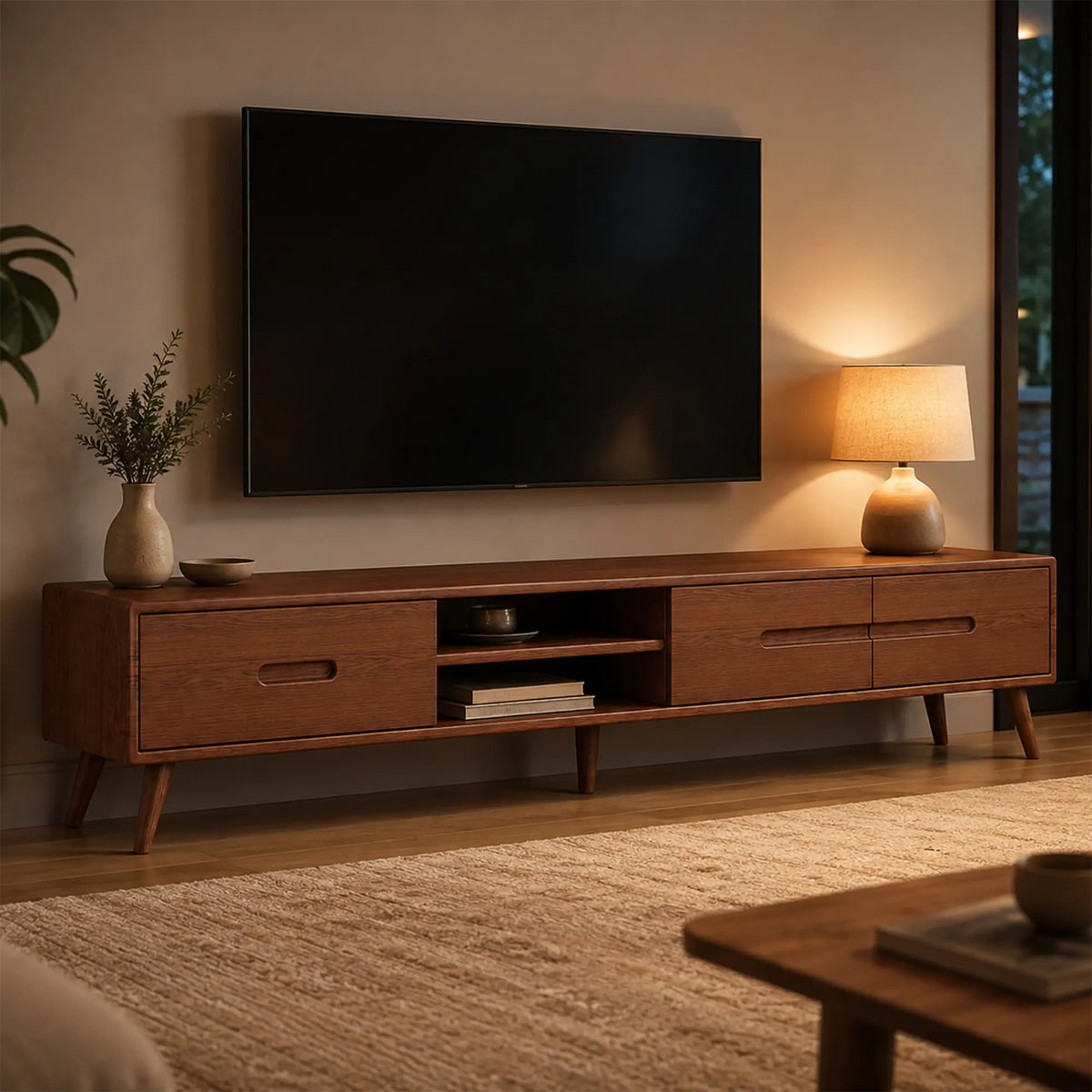 LUXORA Solid Oak TV Cabinet - 180/200cm Modern Entertainment Unit with Dual Drawers, Open Shelves & Solid Wood Legs - Walnut