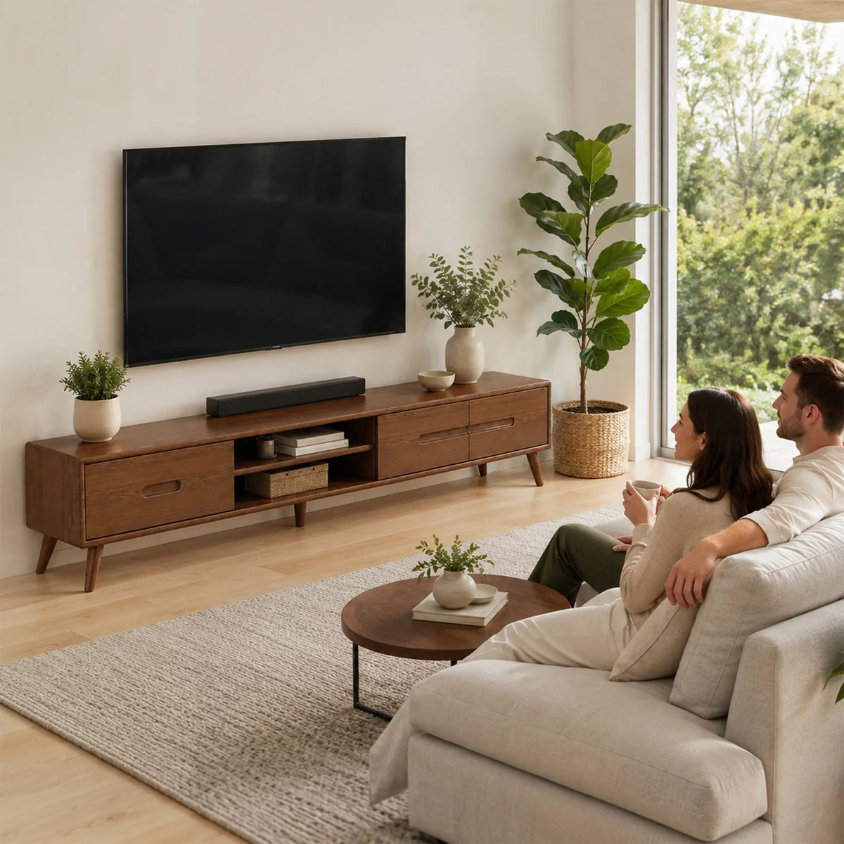 LUXORA Solid Oak TV Cabinet - 180/200cm Modern Entertainment Unit with Dual Drawers, Open Shelves & Solid Wood Legs - Walnut