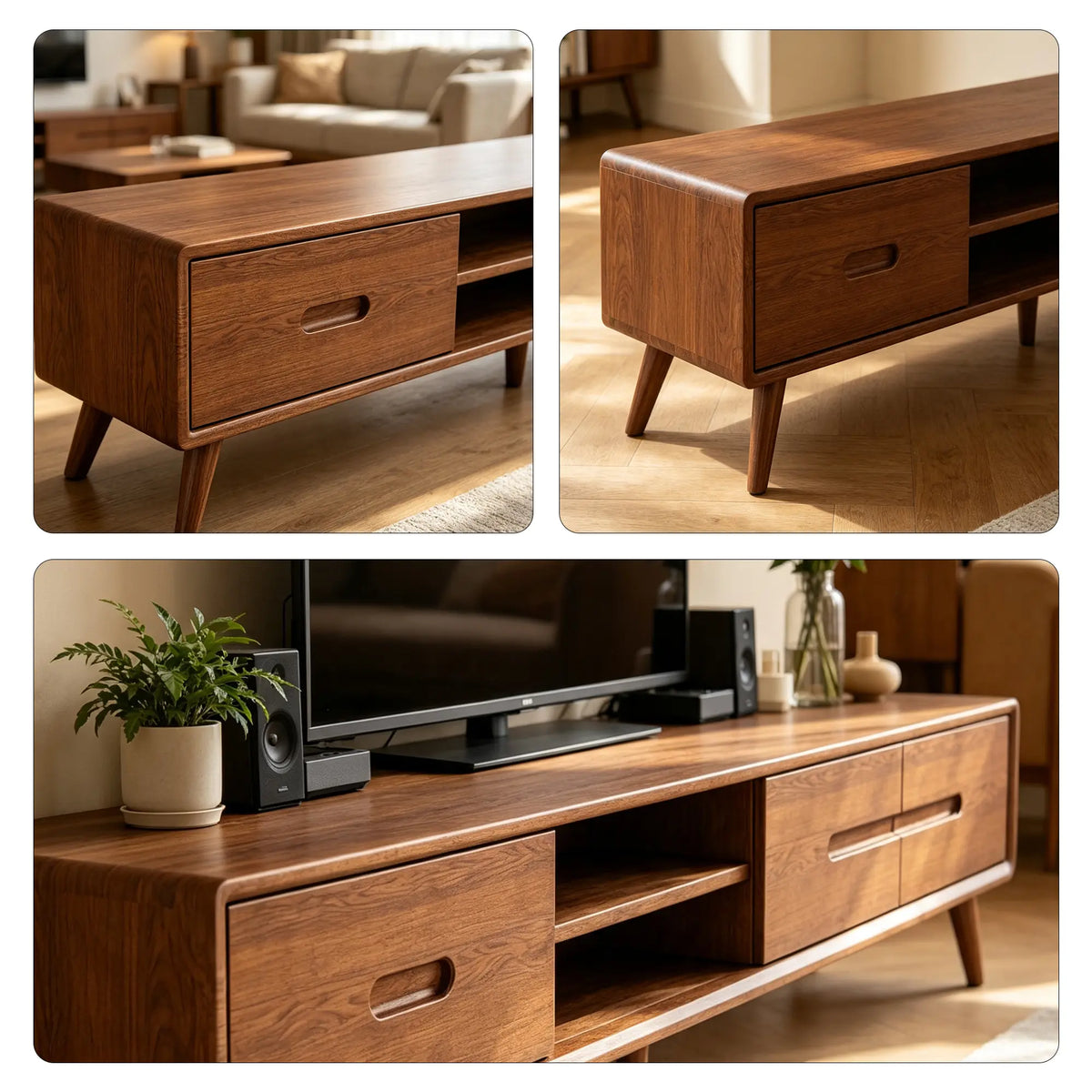 LUXORA Solid Oak TV Cabinet - 180/200cm Modern Entertainment Unit with Dual Drawers, Open Shelves & Solid Wood Legs - Walnut