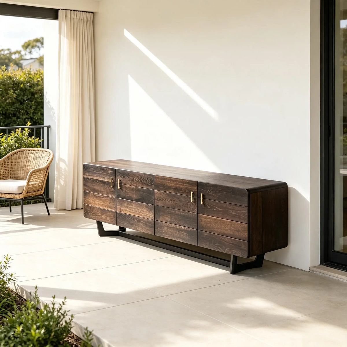LUXORA French Oak TV Cabinet - 200cm Solid Wood Entertainment Unit with Four-Door Storage, Brass Handles & Metal Frame - Dark Walnut