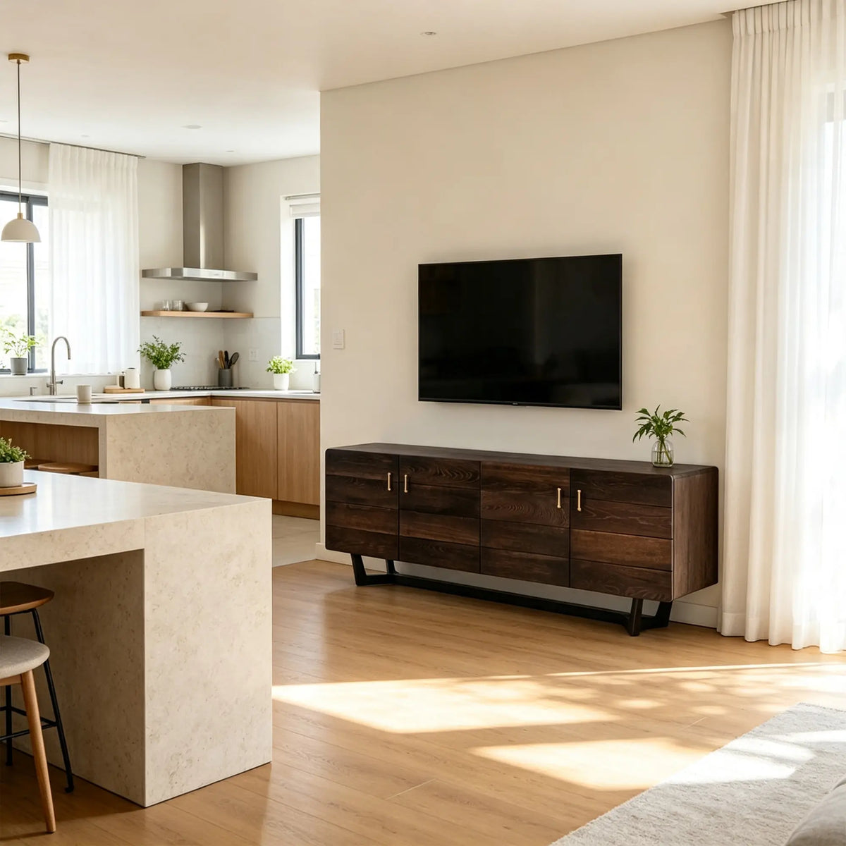 LUXORA French Oak TV Cabinet - 200cm Solid Wood Entertainment Unit with Four-Door Storage, Brass Handles & Metal Frame - Dark Walnut