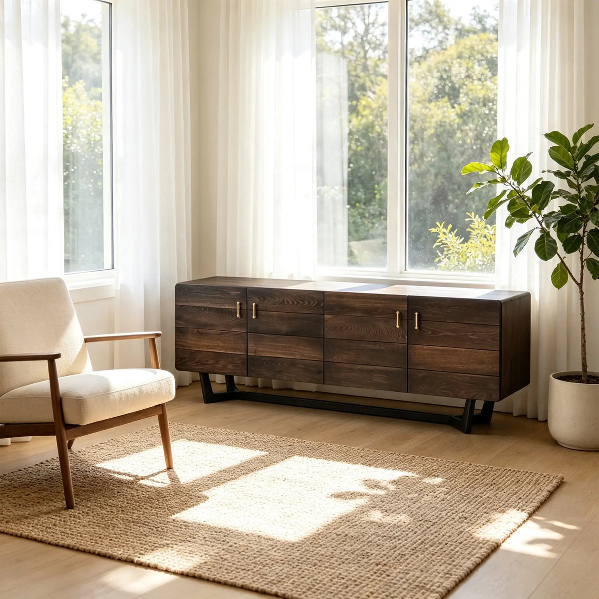 LUXORA French Oak TV Cabinet - 200cm Solid Wood Entertainment Unit with Four-Door Storage, Brass Handles & Metal Frame - Dark Walnut