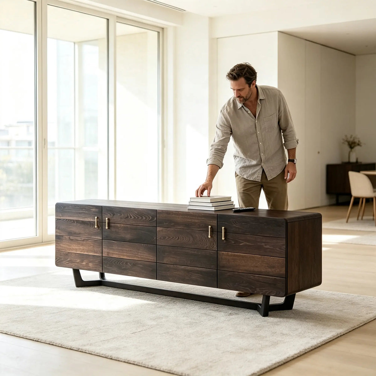 LUXORA French Oak TV Cabinet - 200cm Solid Wood Entertainment Unit with Four-Door Storage, Brass Handles & Metal Frame - Dark Walnut