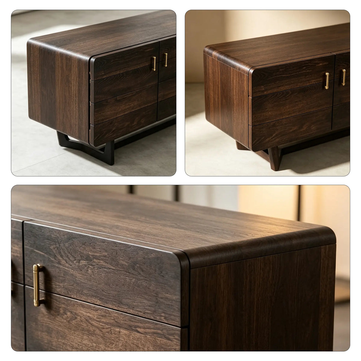 LUXORA French Oak TV Cabinet - 200cm Solid Wood Entertainment Unit with Four-Door Storage, Brass Handles & Metal Frame - Dark Walnut