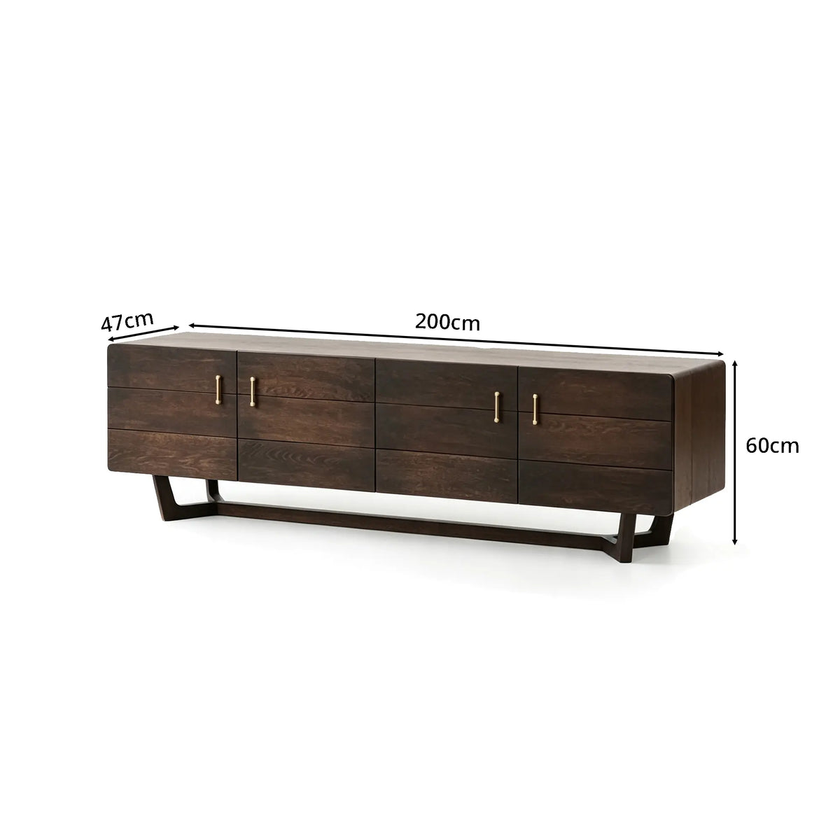 LUXORA French Oak TV Cabinet - 200cm Solid Wood Entertainment Unit with Four-Door Storage, Brass Handles & Metal Frame - Dark Walnut