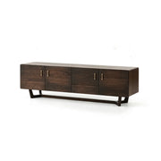 LUXORA French Oak TV Cabinet - 200cm Solid Wood Entertainment Unit with Four-Door Storage, Brass Handles & Metal Frame - Dark Walnut