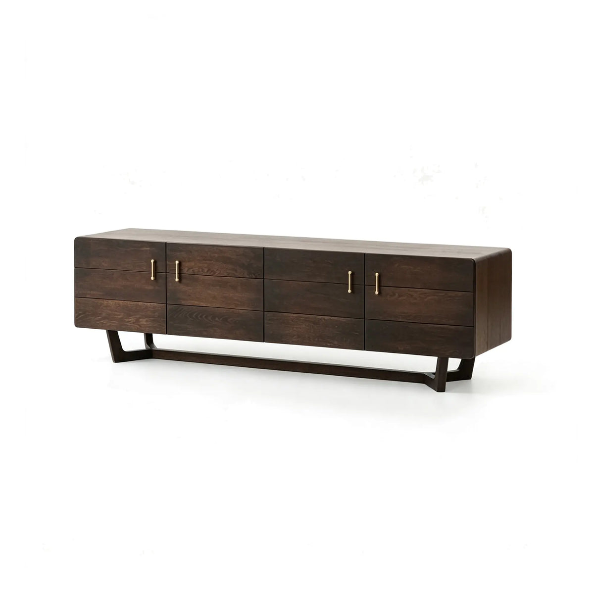 LUXORA French Oak TV Cabinet - 200cm Solid Wood Entertainment Unit with Four-Door Storage, Brass Handles & Metal Frame - Dark Walnut