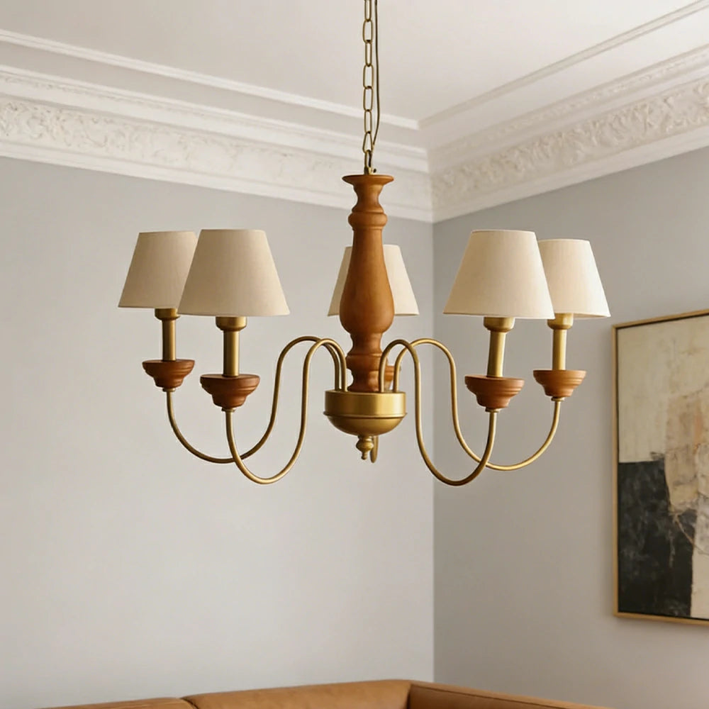 LIVARA Vintage Chandelier 5-Light Fabric Shade E27 Bulb Rubber Wood Frame Elegant Design for Dining Room Living Room Bedroom