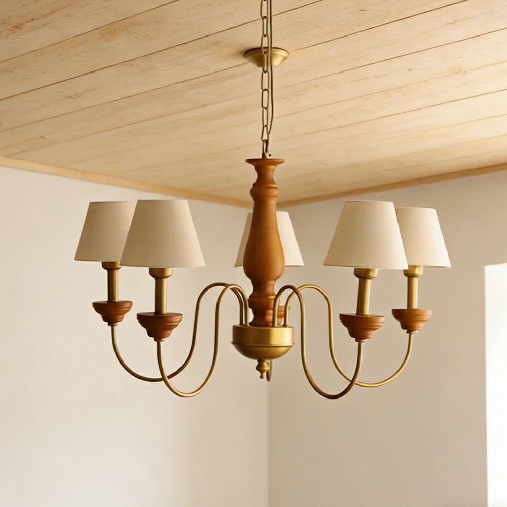 LIVARA Vintage Chandelier 5-Light Fabric Shade E27 Bulb Rubber Wood Frame Elegant Design for Dining Room Living Room Bedroom