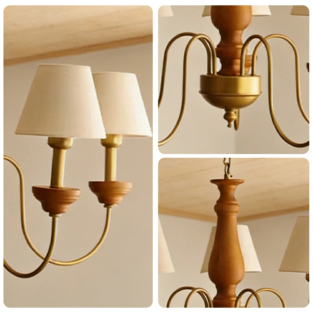 LIVARA Vintage Chandelier 5-Light Fabric Shade E27 Bulb Rubber Wood Frame Elegant Design for Dining Room Living Room Bedroom