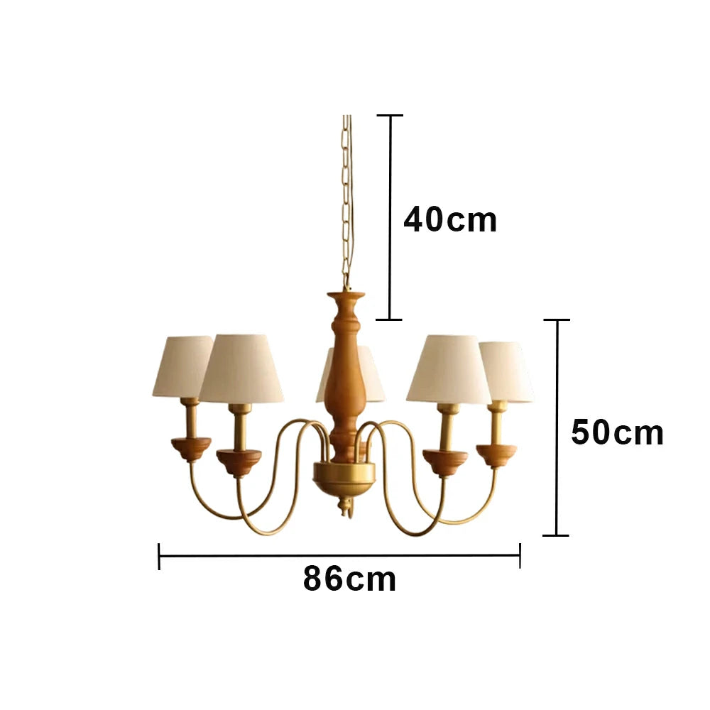 LIVARA Vintage Chandelier 5-Light Fabric Shade E27 Bulb Rubber Wood Frame Elegant Design for Dining Room Living Room Bedroom