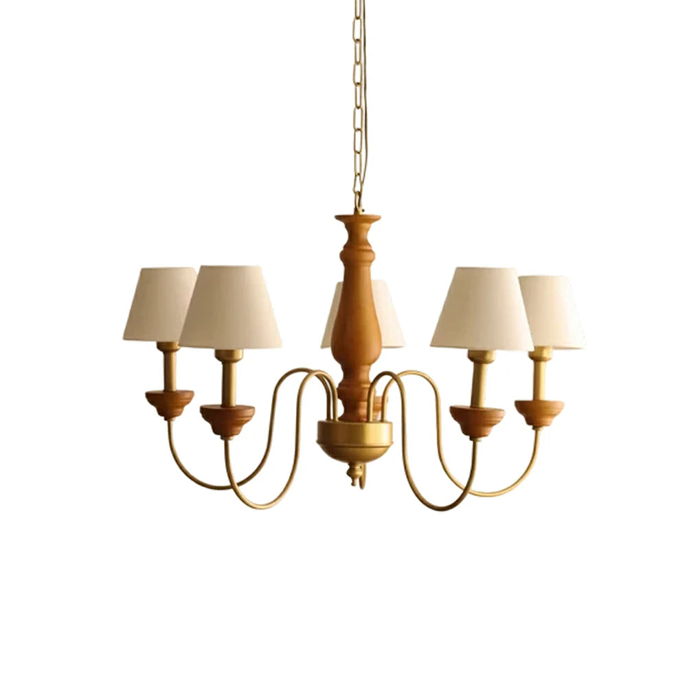 LIVARA Vintage Chandelier 5-Light Fabric Shade E27 Bulb Rubber Wood Frame Elegant Design for Dining Room Living Room Bedroom
