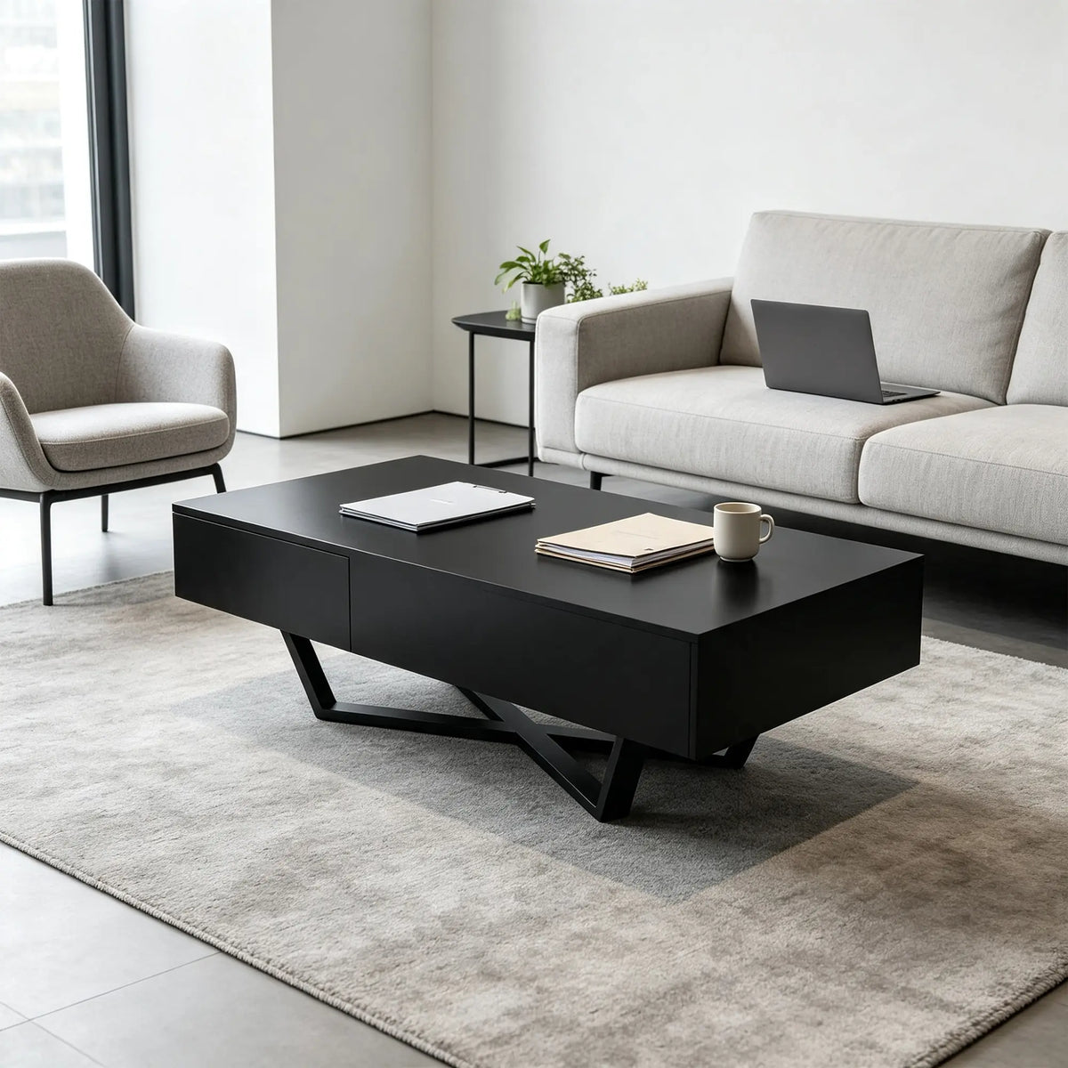 LIVARA Nordic Lift-Top Coffee Table - 120cm Modern Storage Table with Hidden Compartment & X-Shaped Metal Legs for Living Room - Black
