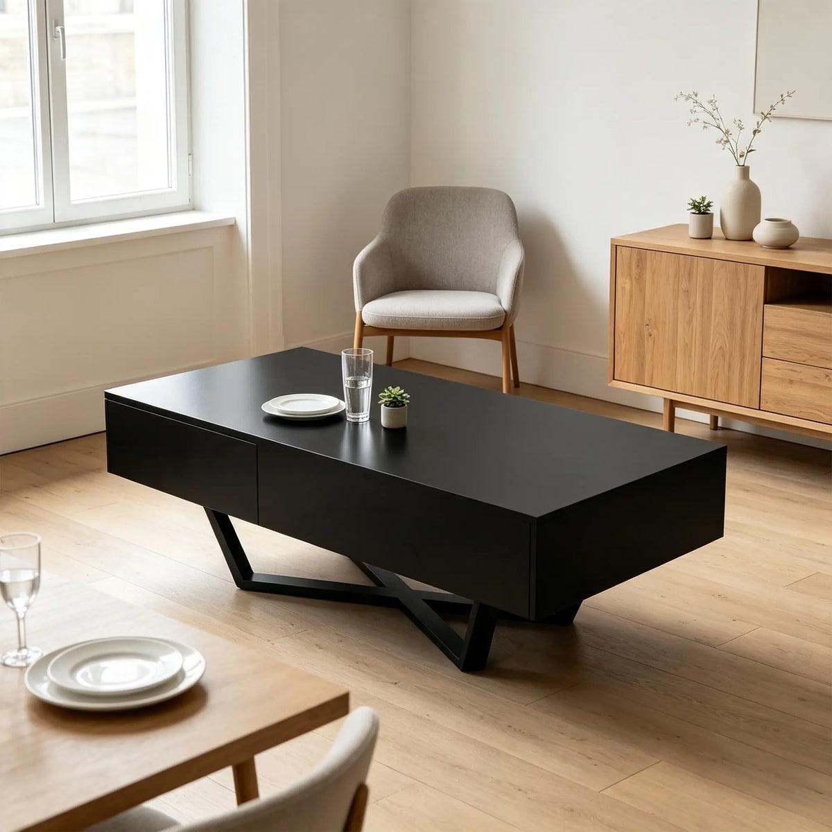 LIVARA Nordic Lift-Top Coffee Table - 120cm Modern Storage Table with Hidden Compartment & X-Shaped Metal Legs for Living Room - Black