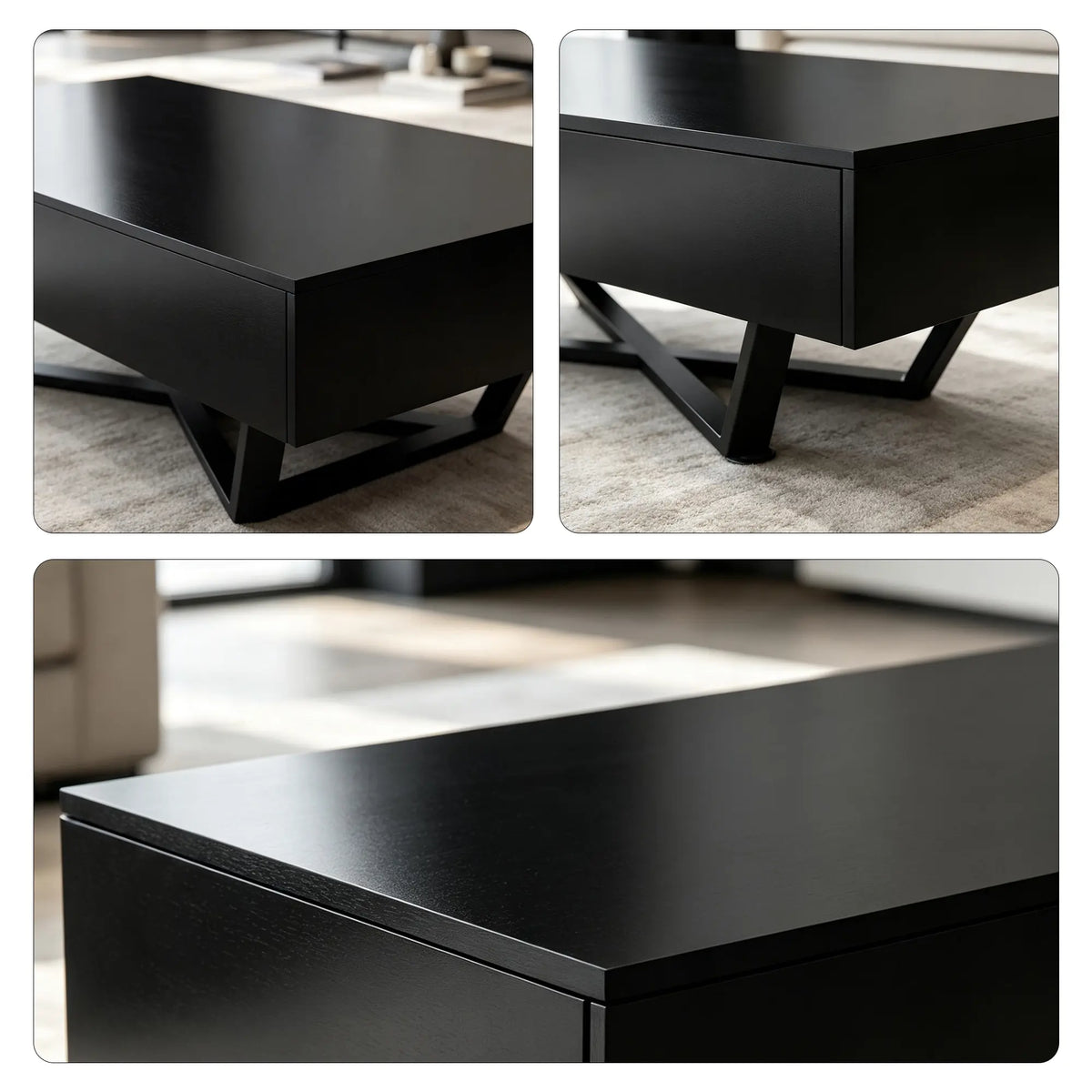 LIVARA Nordic Lift-Top Coffee Table - 120cm Modern Storage Table with Hidden Compartment & X-Shaped Metal Legs for Living Room - Black