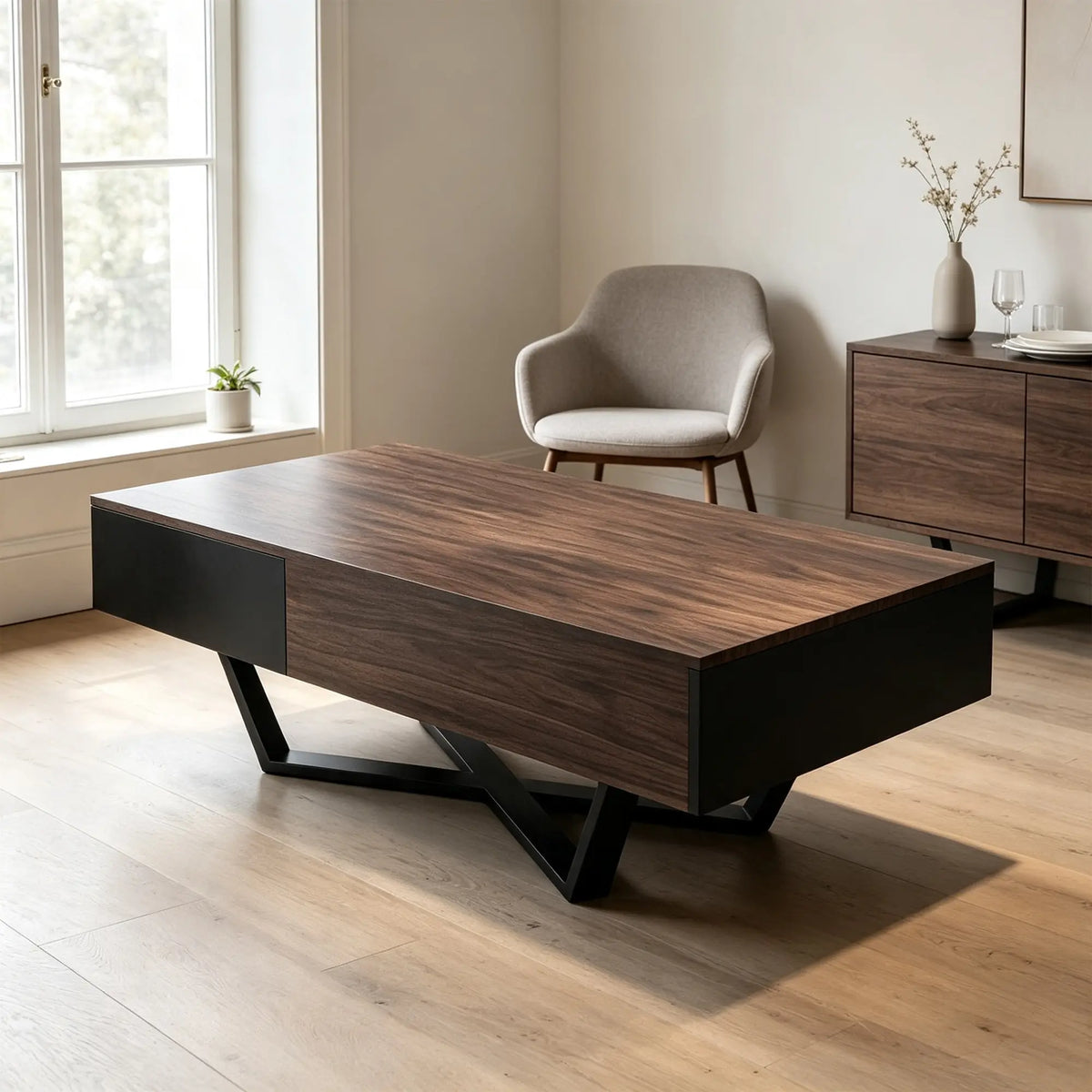 LIVARA Nordic Lift-Top Coffee Table - 120cm Modern Storage Table with Hidden Compartment & X-Shaped Metal Legs for Living Room - Walnut & Black