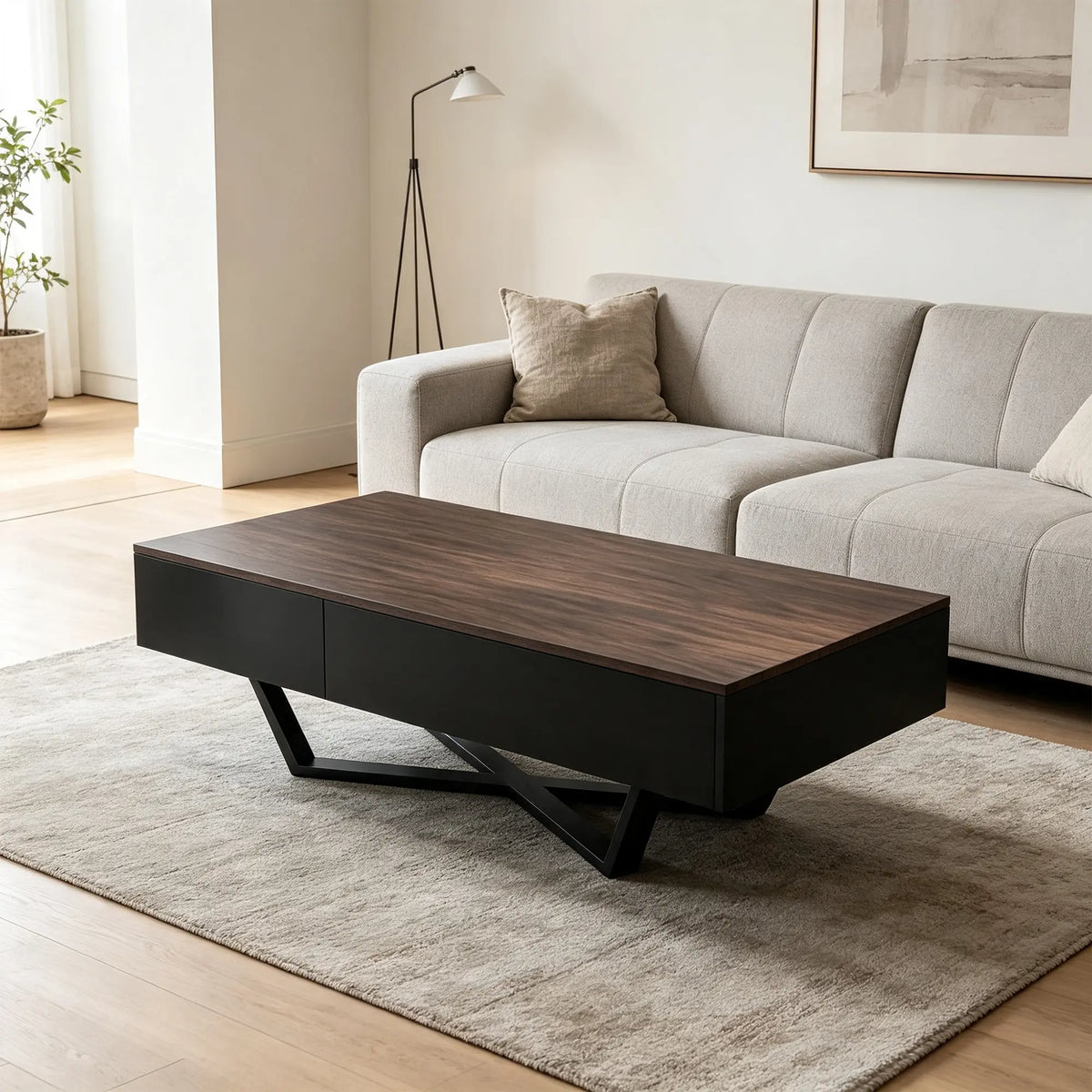LIVARA Nordic Lift-Top Coffee Table - 120cm Modern Storage Table with Hidden Compartment & X-Shaped Metal Legs for Living Room - Walnut & Black