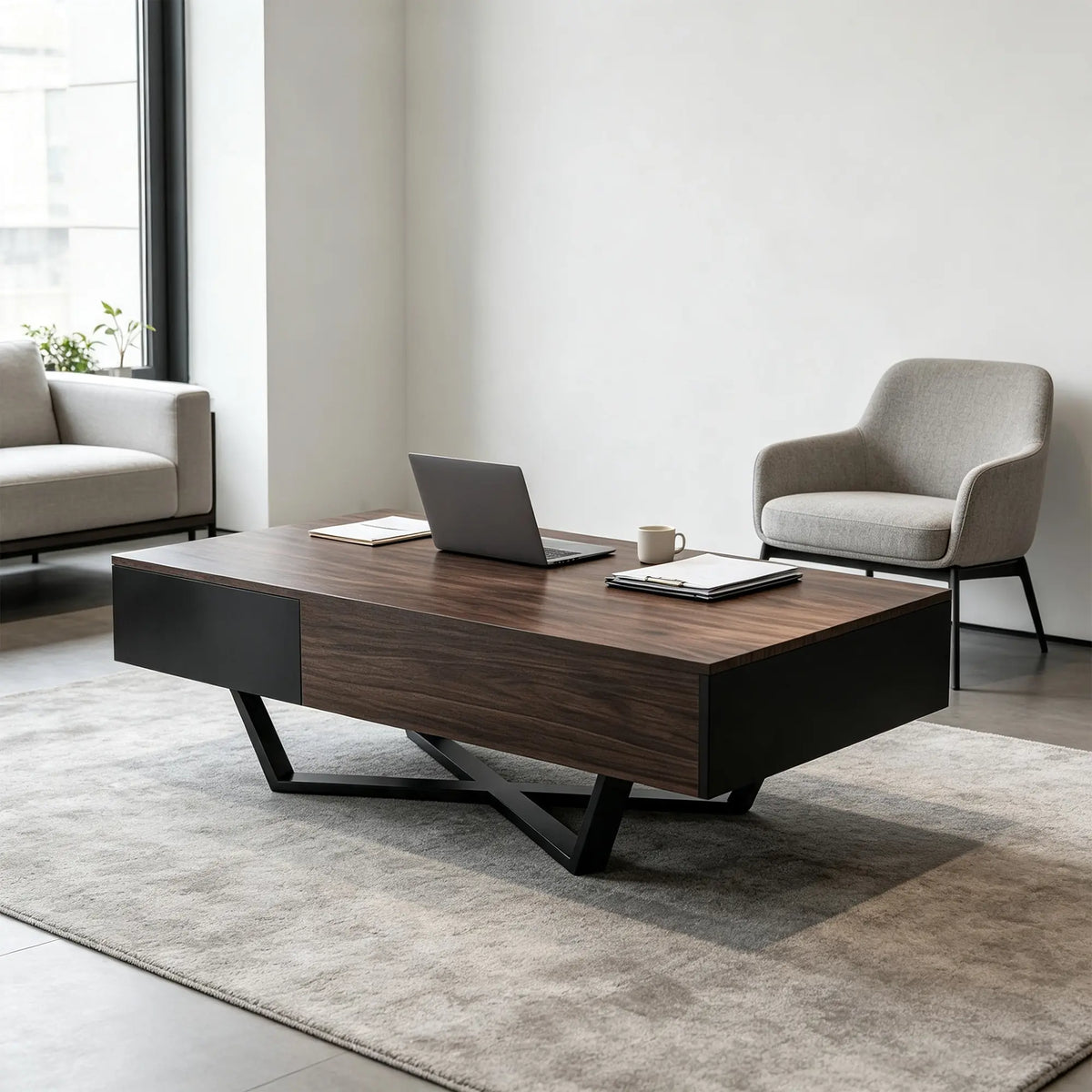 LIVARA Nordic Lift-Top Coffee Table - 120cm Modern Storage Table with Hidden Compartment & X-Shaped Metal Legs for Living Room - Walnut & Black