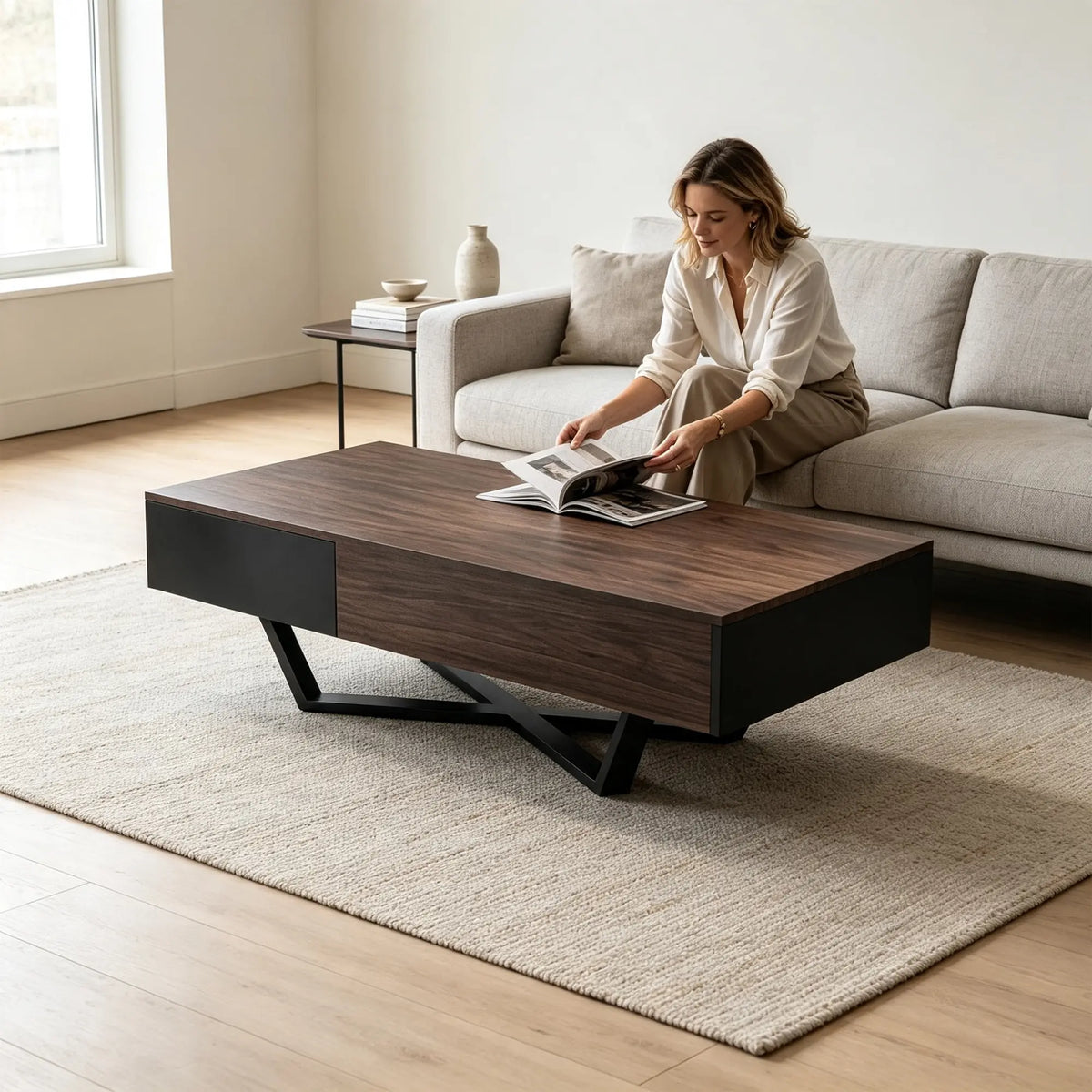 LIVARA Nordic Lift-Top Coffee Table - 120cm Modern Storage Table with Hidden Compartment & X-Shaped Metal Legs for Living Room - Walnut & Black