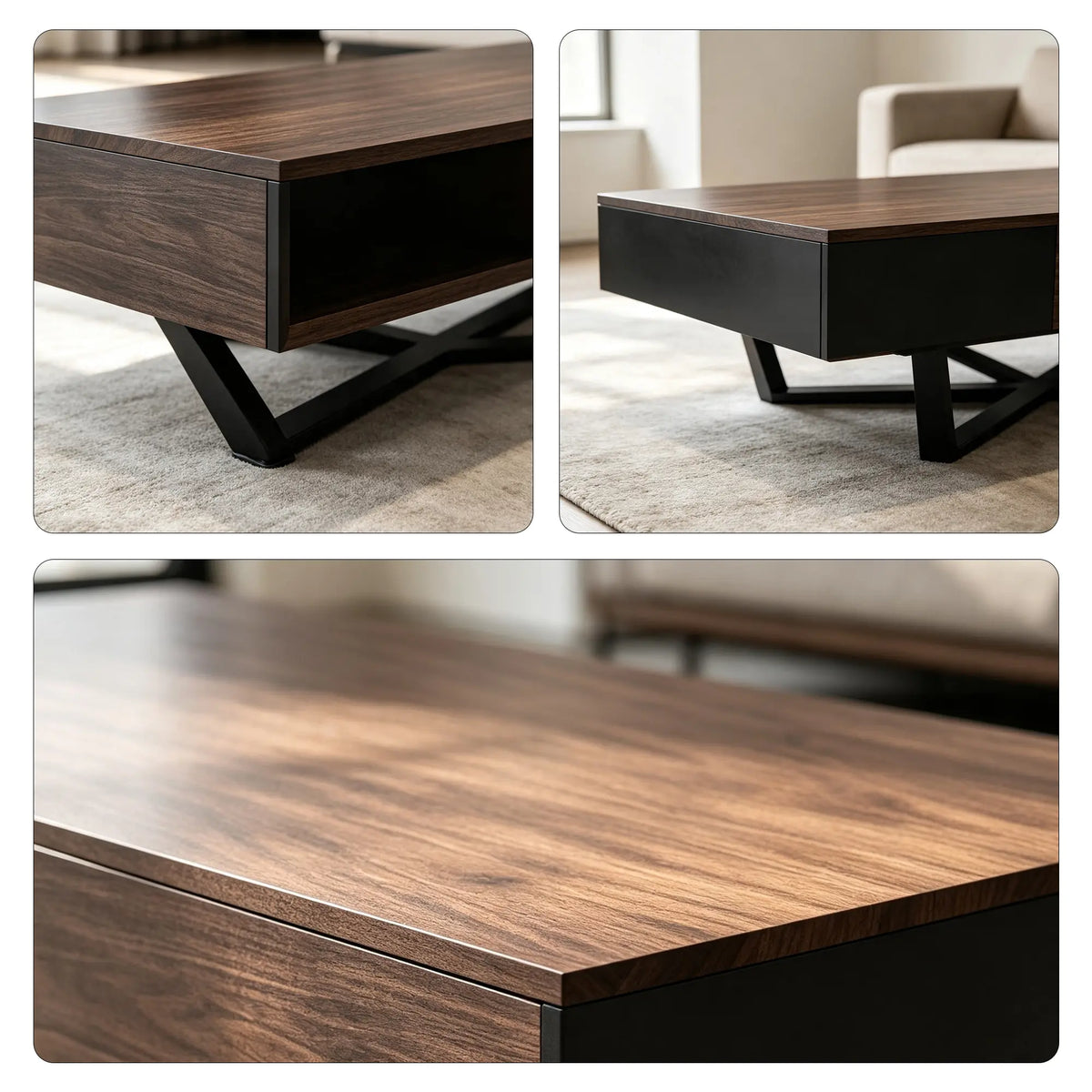 LIVARA Nordic Lift-Top Coffee Table - 120cm Modern Storage Table with Hidden Compartment & X-Shaped Metal Legs for Living Room - Walnut & Black