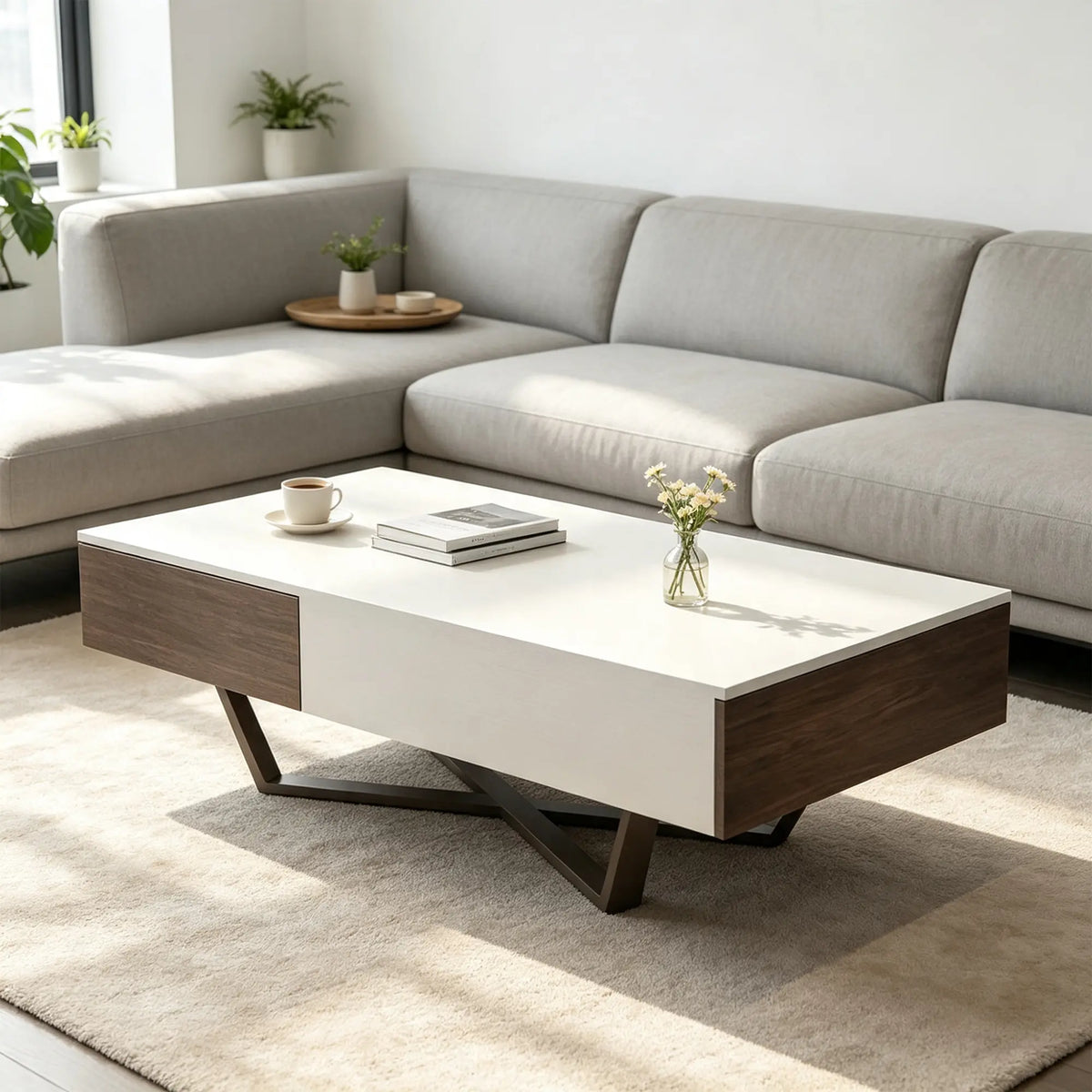 LIVARA Nordic Lift-Top Coffee Table - 120cm Modern Storage Table with Hidden Compartment & X-Shaped Metal Legs for Living Room - White & Walnut
