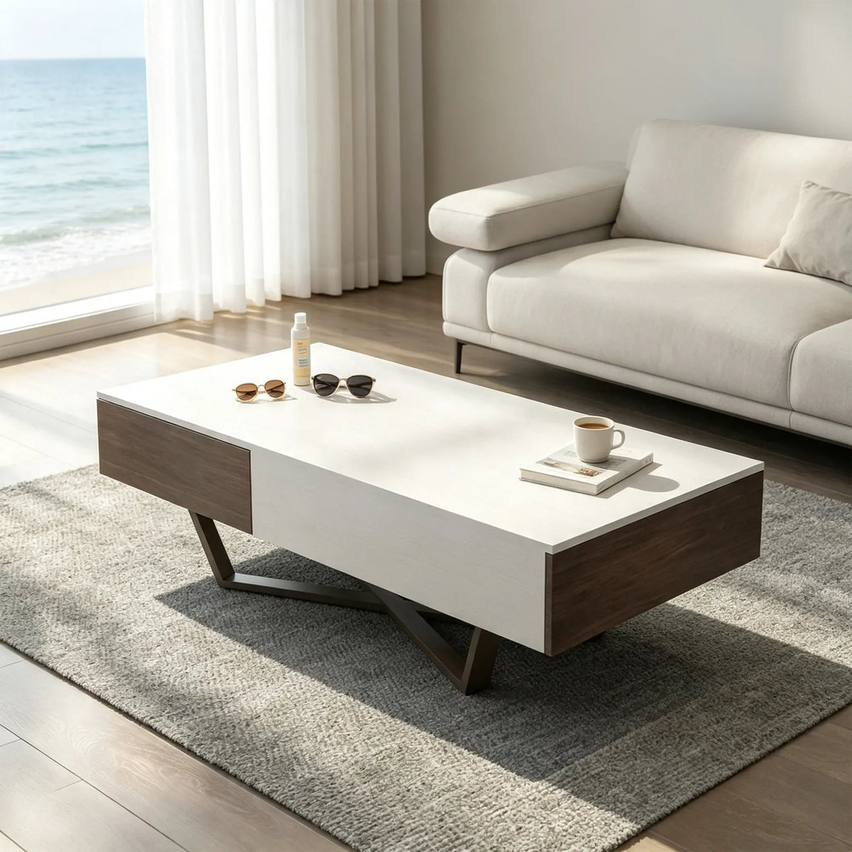 LIVARA Nordic Lift-Top Coffee Table - 120cm Modern Storage Table with Hidden Compartment & X-Shaped Metal Legs for Living Room - White & Walnut