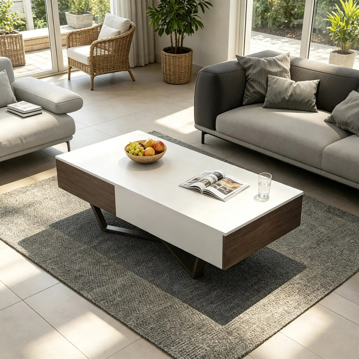 LIVARA Nordic Lift-Top Coffee Table - 120cm Modern Storage Table with Hidden Compartment & X-Shaped Metal Legs for Living Room - White & Walnut