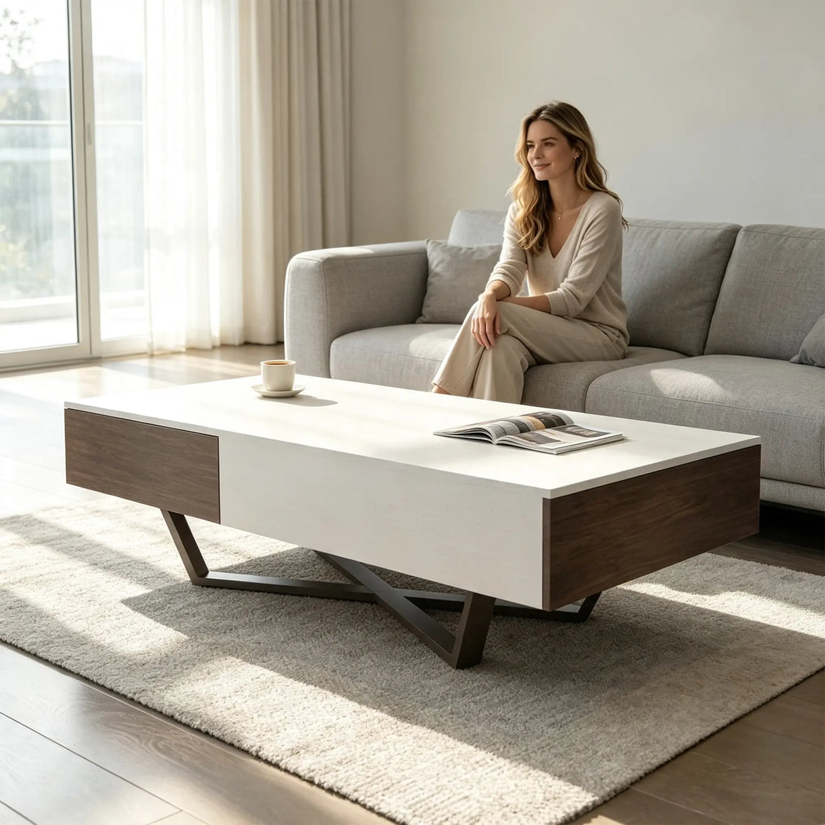 LIVARA Nordic Lift-Top Coffee Table - 120cm Modern Storage Table with Hidden Compartment & X-Shaped Metal Legs for Living Room - White & Walnut