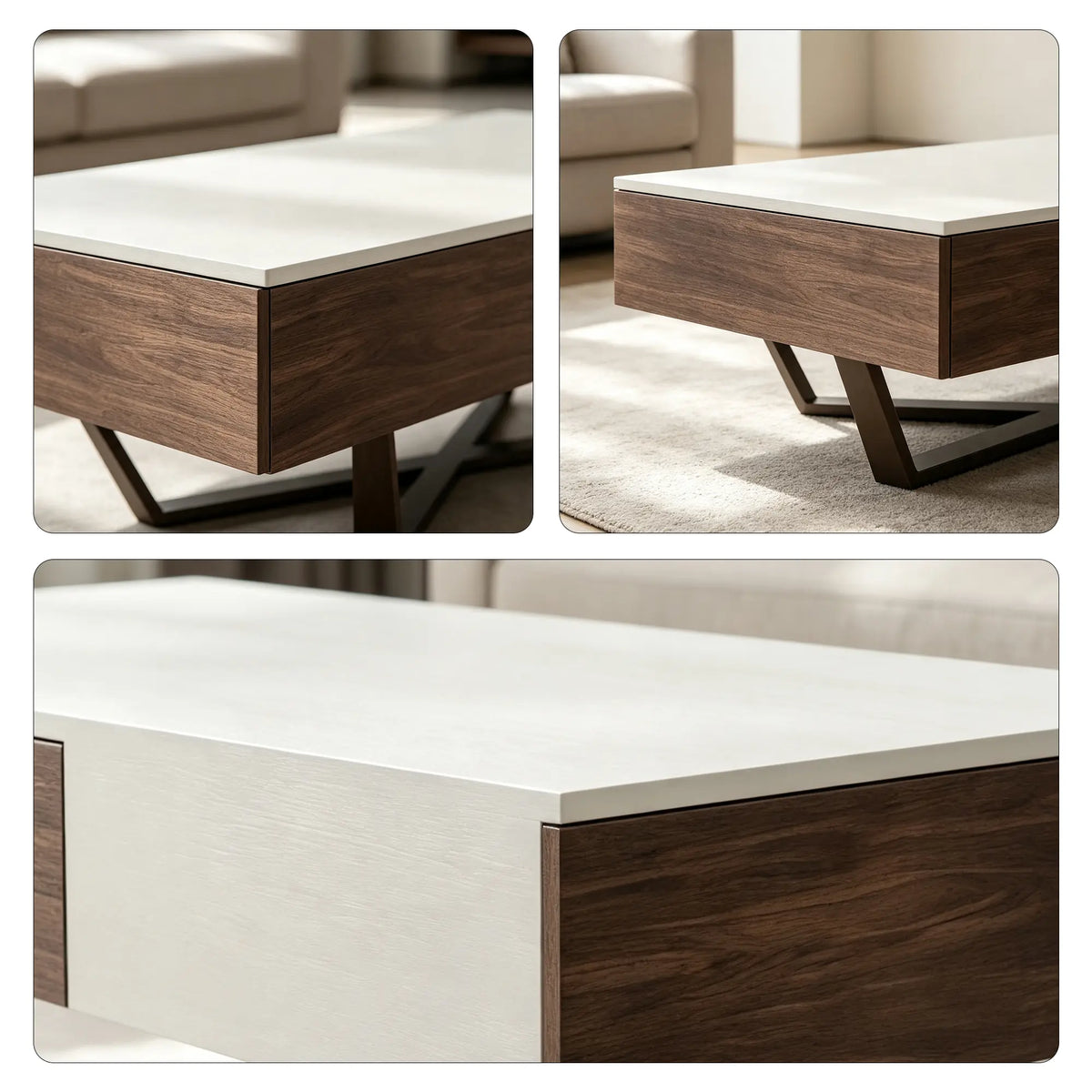 LIVARA Nordic Lift-Top Coffee Table - 120cm Modern Storage Table with Hidden Compartment & X-Shaped Metal Legs for Living Room - White & Walnut