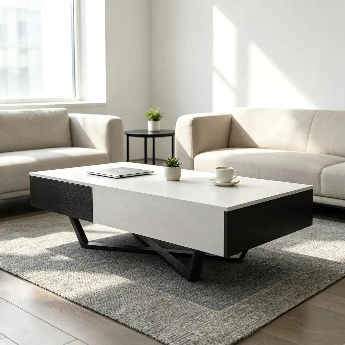 LIVARA Nordic Lift-Top Coffee Table - 120cm Modern Storage Table with Hidden Compartment & X-Shaped Metal Legs for Living Room - White & Black