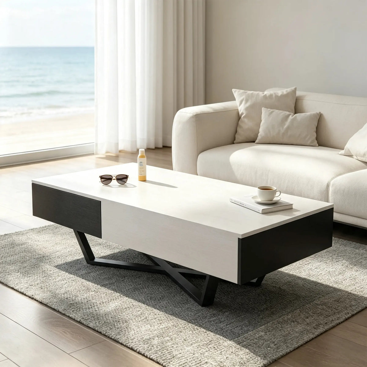 LIVARA Nordic Lift-Top Coffee Table - 120cm Modern Storage Table with Hidden Compartment & X-Shaped Metal Legs for Living Room - White & Black